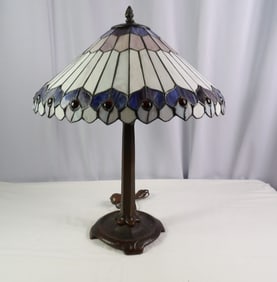 Leaded Slag Glass Lamp with Cast Iron Base