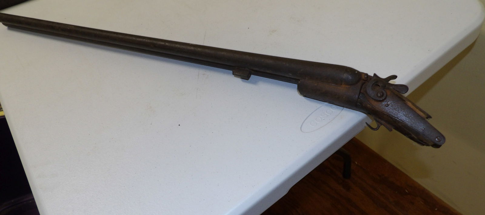 Early Double Barrel Rifle: Belgian Early Double Barrel Rifle. For Parts Only. All measurements approximate. Please see photos for condition and details. Selling as is from 04281.