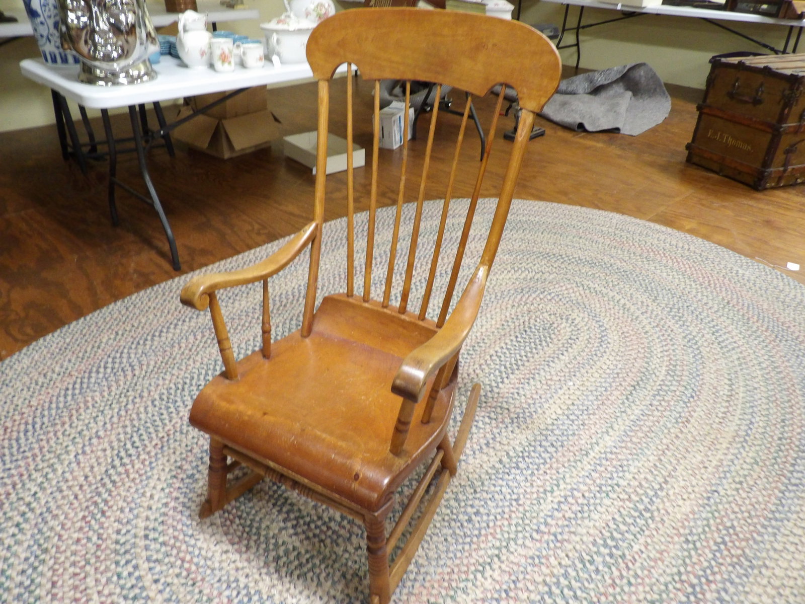 Hardwood Rocker: Very Early Hardwood Rocker. All measurements approximate. Please see photos for condition and details. Selling as is from 04281.