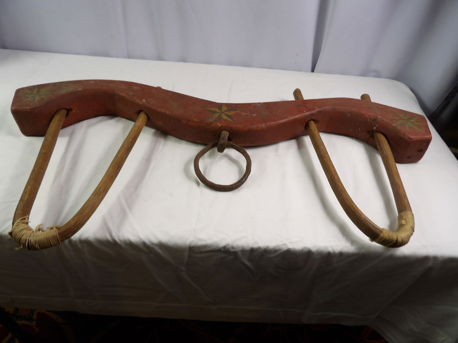 Decorative Oxen Yoke Piece: Early Farm Piece. Nice Decorative Oxen Yoke. All measurements approximate. Please see photos for condition and details. Selling as is from 04281.