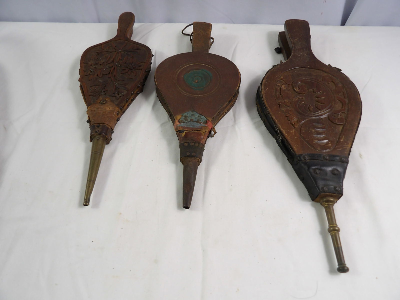 3 Pcs. Vintage Bellows: 3 Pieces Vintage Bellows. (One leather has small holes.) All measurements approximate. Please see photos for condition and details. Selling as is from 04281.