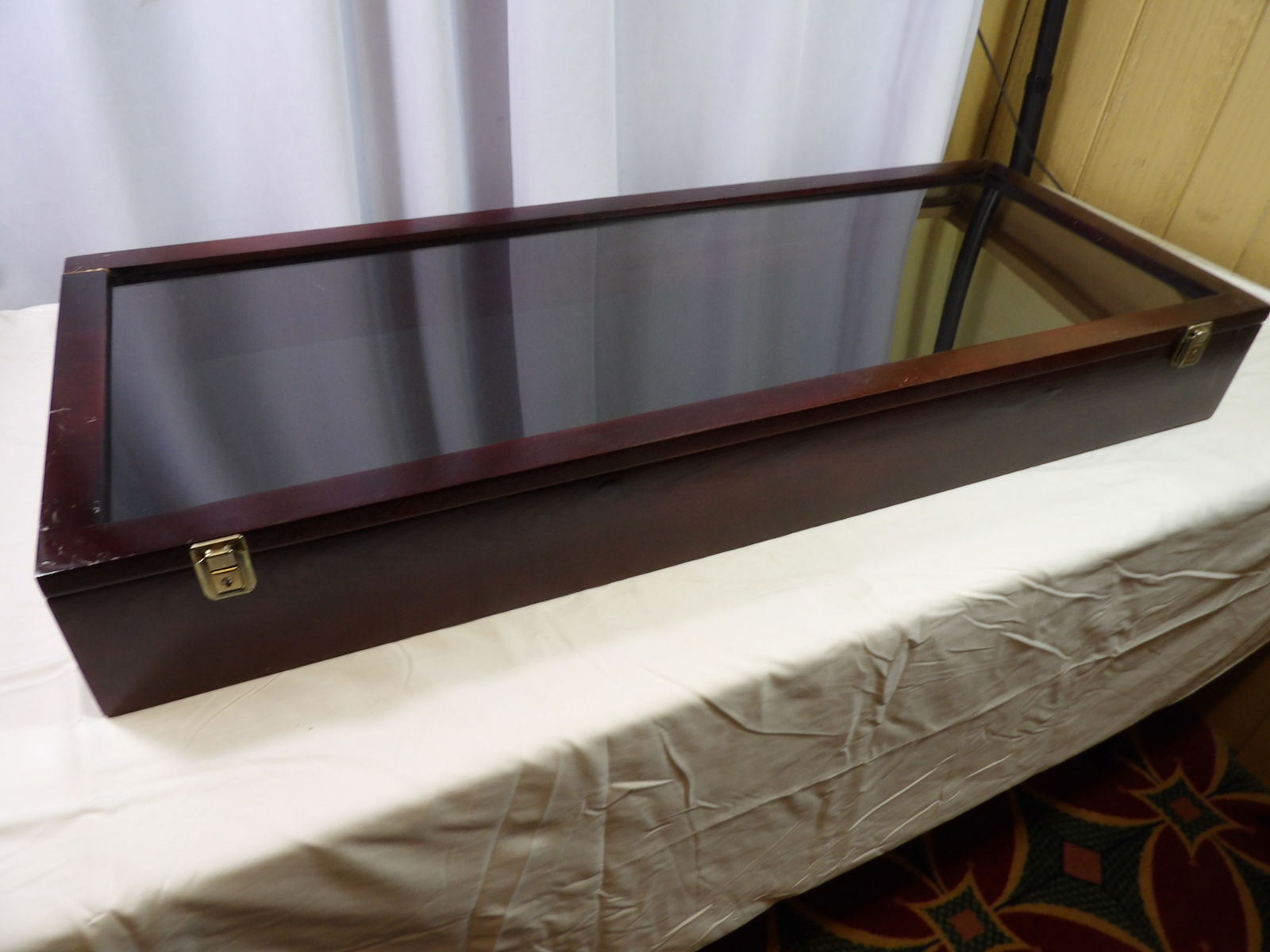 Glass Top Display Set: Glass Top Display Box, 17" X 43" x 5 1/2" Deep. All measurements approximate. Please see photos for condition and details. Selling as is from 04281.