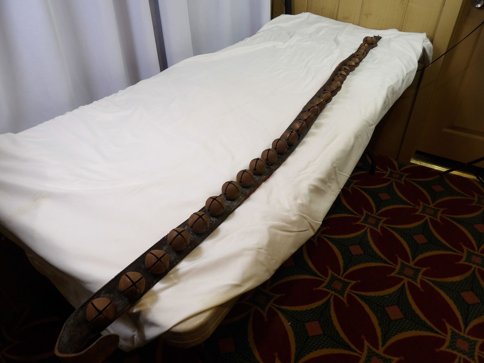 Sleigh Bells on Leather: 6 Foot Sleigh Bells on Leather Belt. All measurements approximate. Please see photos for condition and details. Selling as is from 04281.