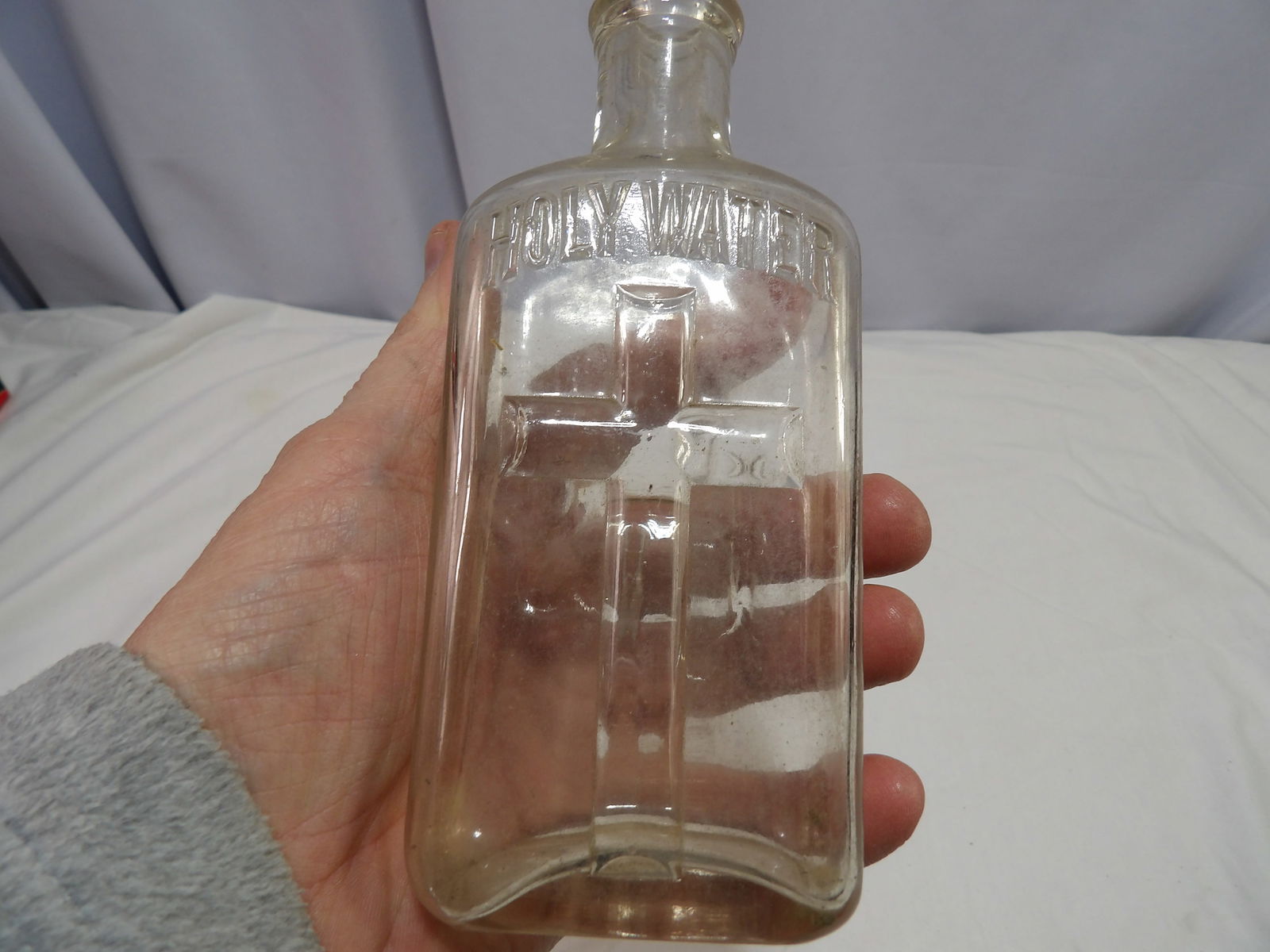 Holy Water Bottle: Rare 6 1/2" Holy Water Bottle "IHS". All measurements are approximate. Please see photos for condition and details. Selling as is from 04281.