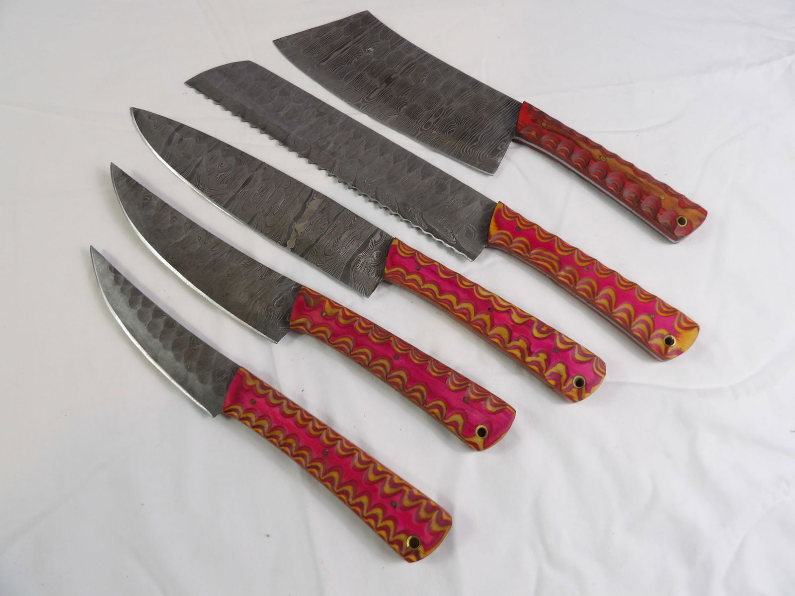 5 PCS MHS Cutlery: MHS Cutlery, Set of 5 Damascus Kitchen Knives. All measurements approximate. Please see photos for condition and details. Selling as is from 04281.