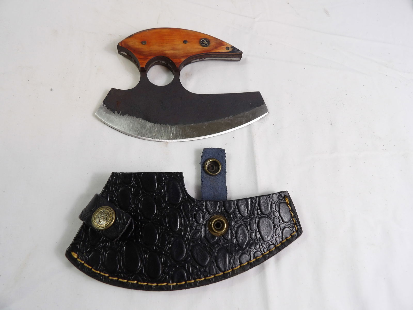 MHS Cutlery: MHS Cutlery Hand Forged ULU Knife with Leather Sheath. All measurements approximate. Please see photos for condition and details. Selling as is from 04281.