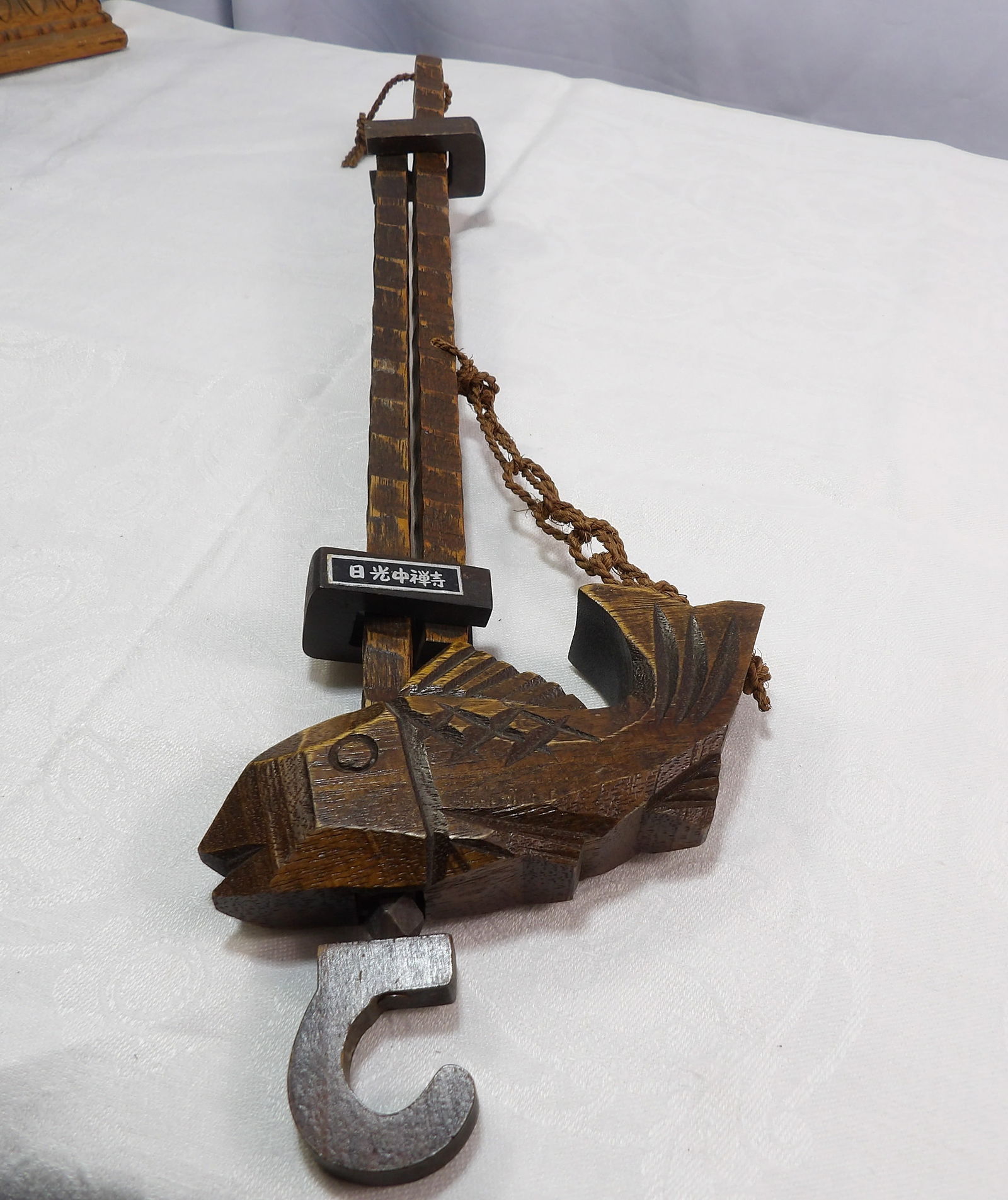 Fireplace Kettle Hook: Wooden Antique Japanese Koi Jizai Fireplace Kettle Hook. All measurements approximate. Please see photos for condition and details. Selling as is from 04281.