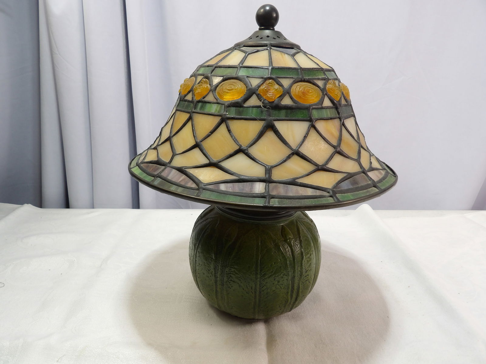 Stained Glass Table Lamp: Tiffany Style Stained Glass Table Lamp, Heavy. All measurements approximate. Please see photos for condition and details. Selling as is from 04281.