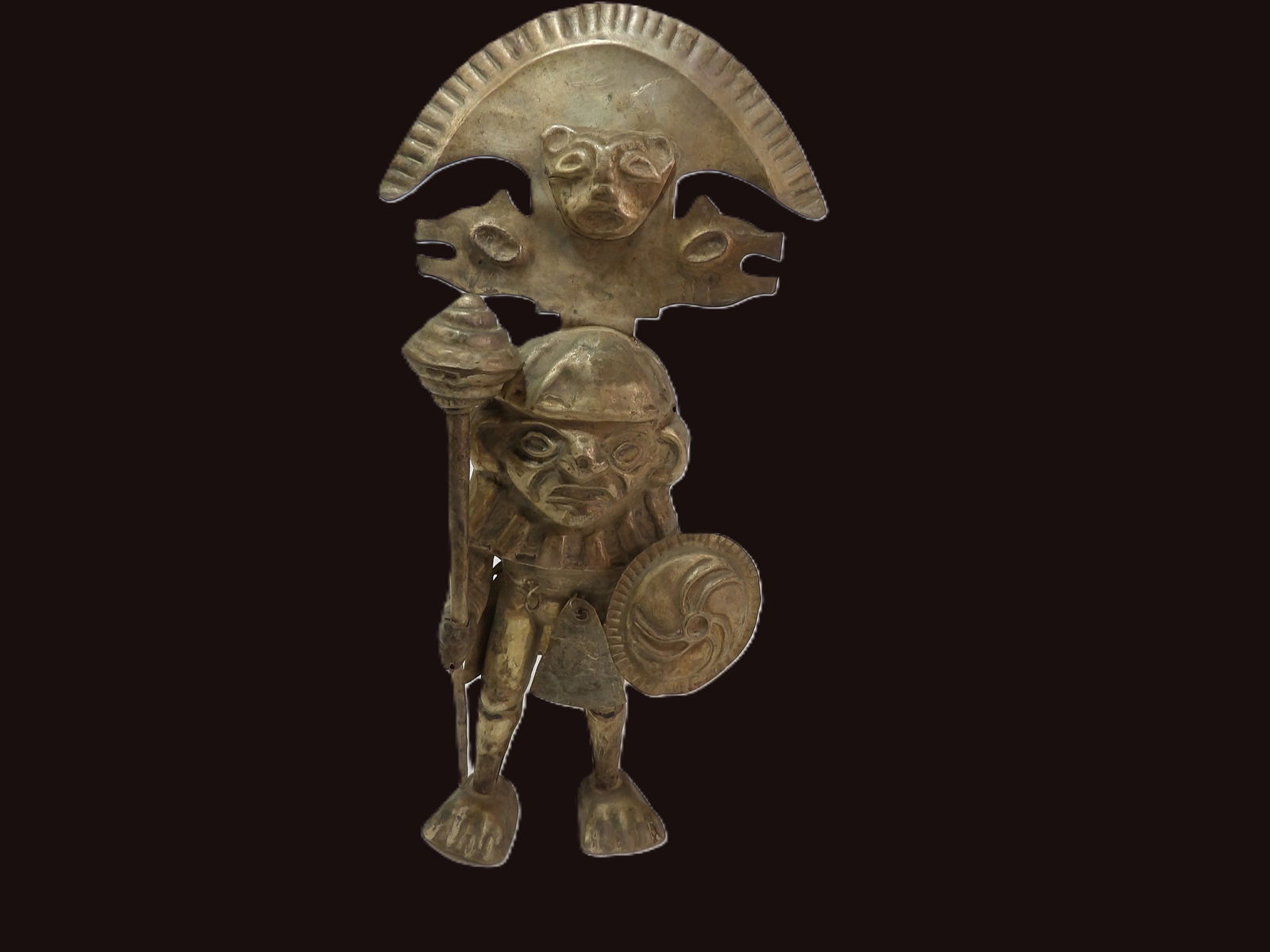 Warrior with Shield: Mayan Warrior with Shield. Crafted of Tumbaga. From Colombian Time Period 600-1600 A.D. **We are Not Experts in Ancient Pieces. However, the Consignor of this Item is, and has been, a lifelong