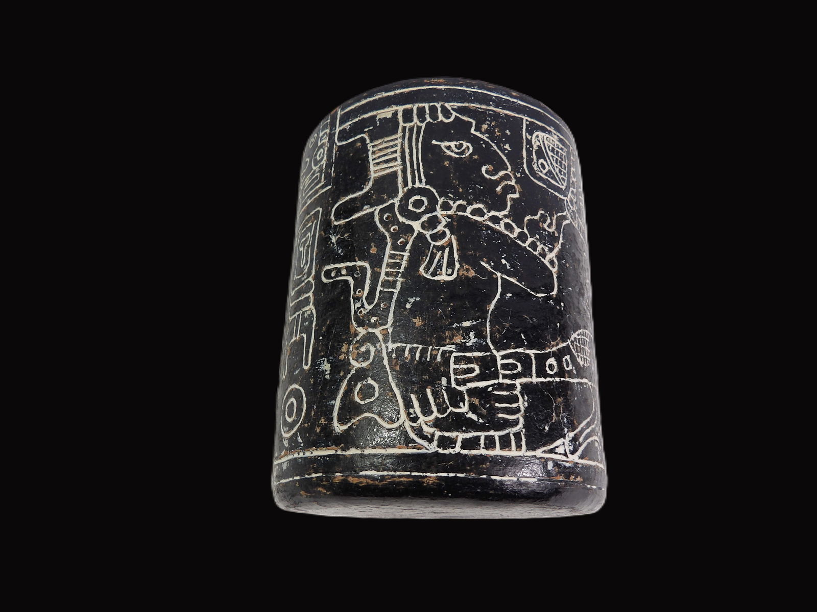 Mayan Cylinder: Pre-Colombian Black Mayan Cylinder, Depicting the Birth of the Maize God in the Underworld. Circa. 250-900 A.D. **We are Not Experts in Ancient Pieces. However, the Consignor of this Item is, and