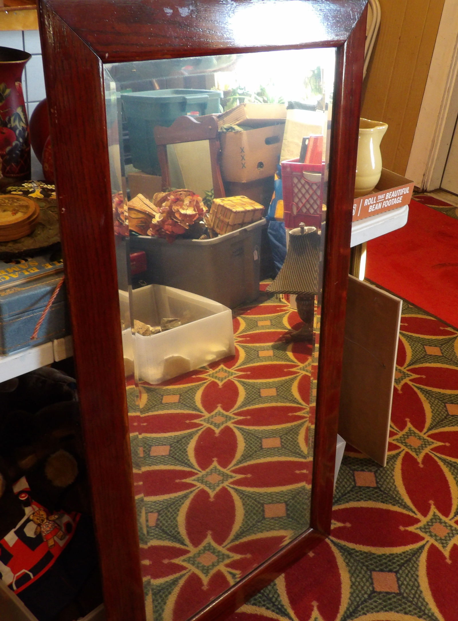 Framed Beveled Glass Mirror: Harwood Framed Beveled Glass Mirror. 24" x 36" All measurements approximate. Please see photos for condition and details. Selling as is from 04281.