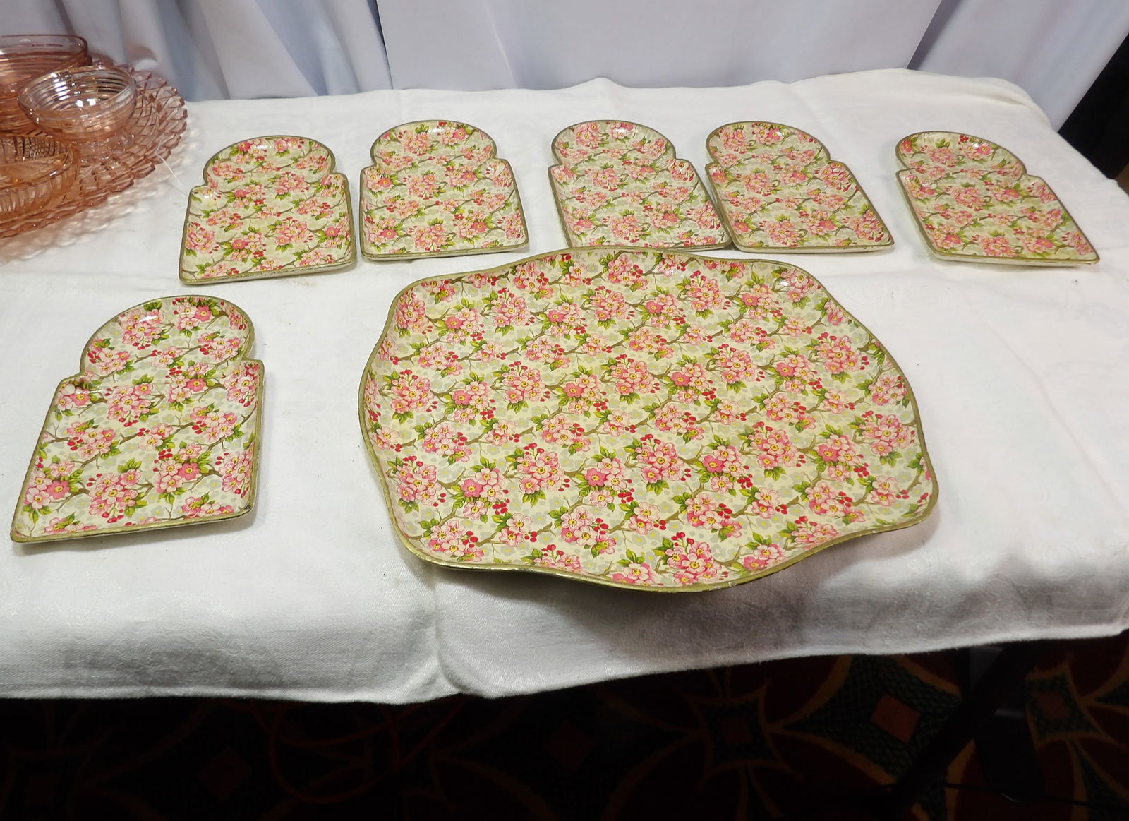 7 PCS Japanese Floral Trays: 7 Pieces Vintage Japanese Floral Trays "Alcohol Proof". All measurements approximate. Please see photos for condition and details. Selling as is from 04281.