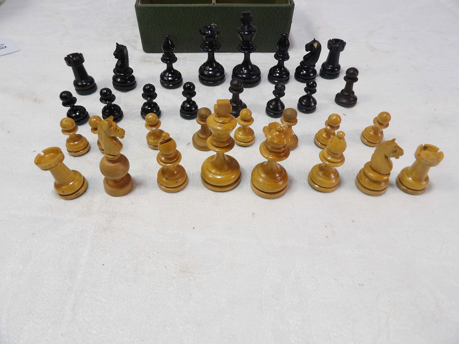 Chess Piece Set: Complete Chess Piece Set., Wm. F Frueke, Grand Rapids, Michigan. All measurements approximate. Please see photos for condition and details. Selling as is from 04281.