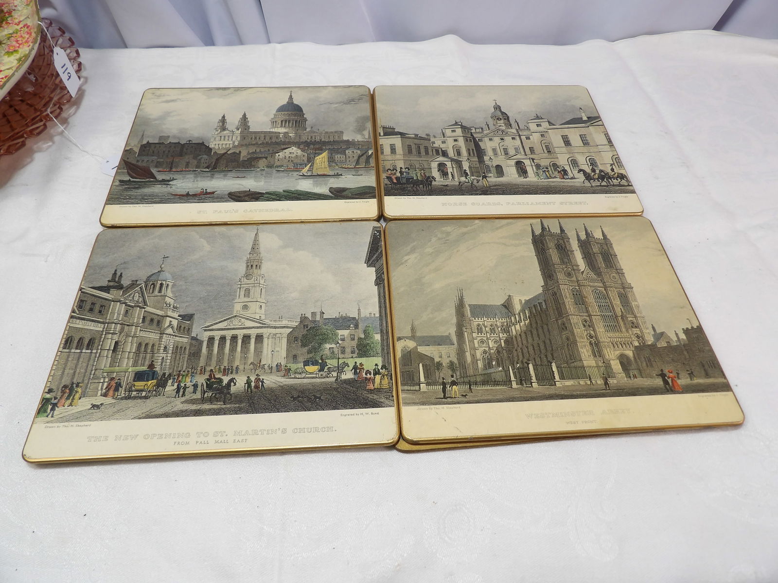 8 PCS Placemats: Set of 8 London Scene Early Placemats. All measurements approximate. Please see photos for condition and details. Selling as is from 04281.