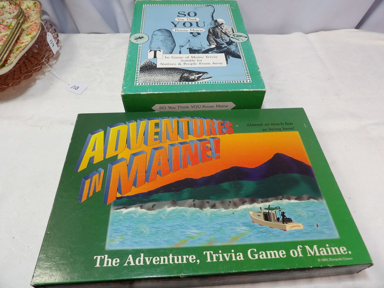 Maine State Board Games: Pair of Maine State Board Games. All measurements approximate. Please see photos for condition and details. Selling as is from 04281.