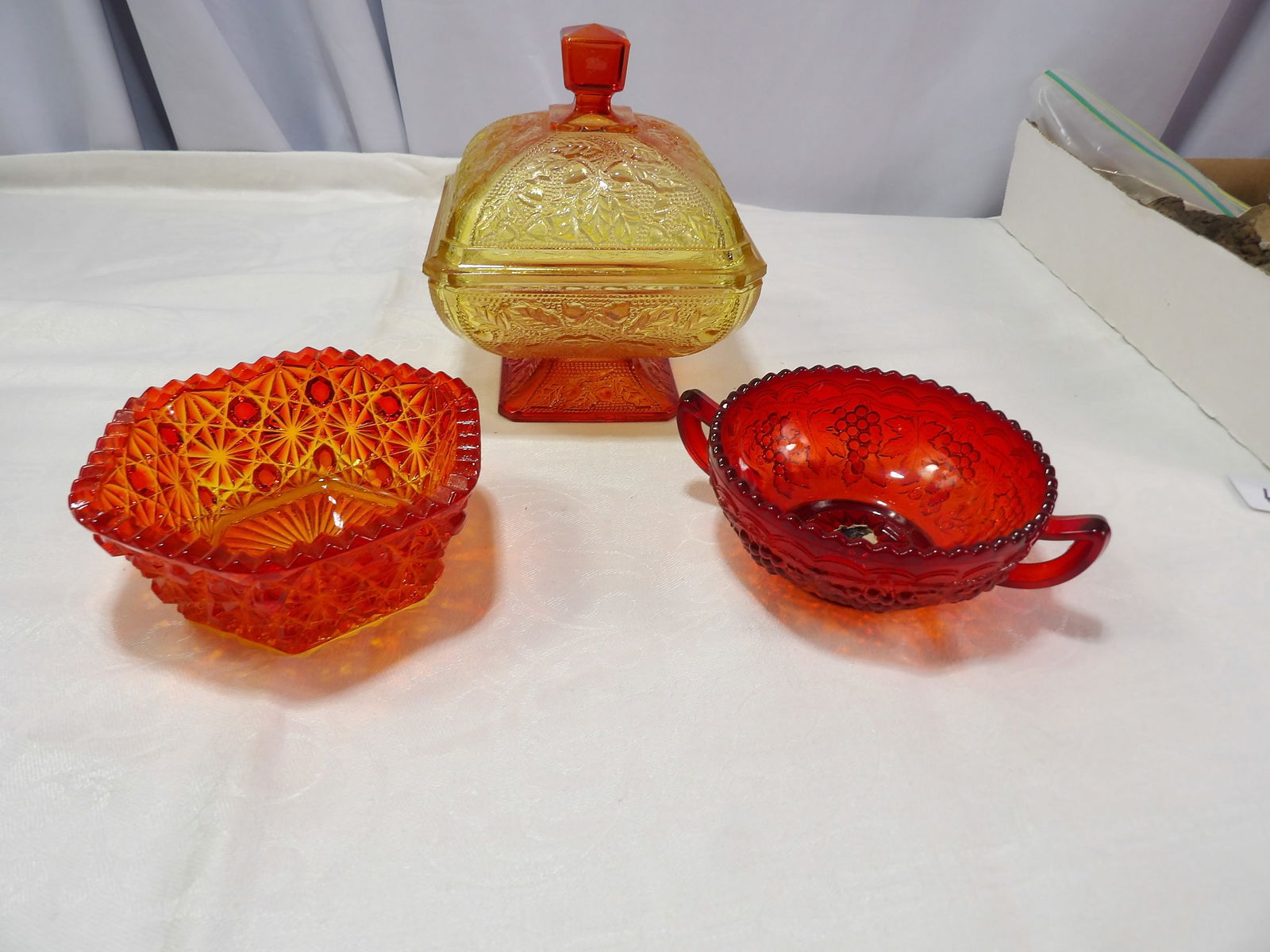 Glass Candy Dish and Bowls: Vintage Amberina Glass Candy Dish and Bowls. All measurements approximate. Please see photos for condition and details. Selling as is from 04281.