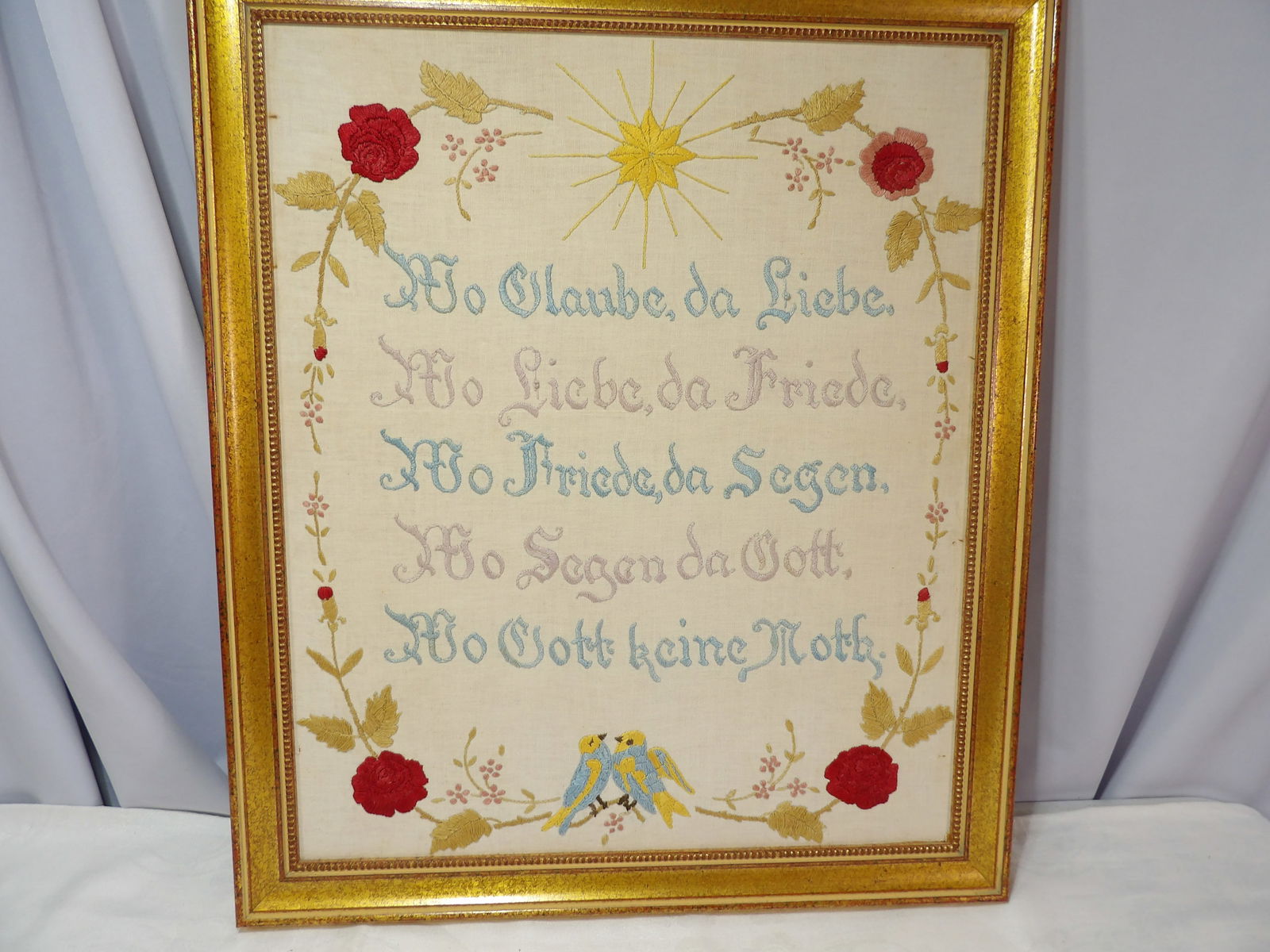 Embroidered German House Blessing: Vintage Embroidered German Haussengen House Blessing, 19" X 23". All measurements approximate. Please see photos for condition and details. Selling as is from 04281.