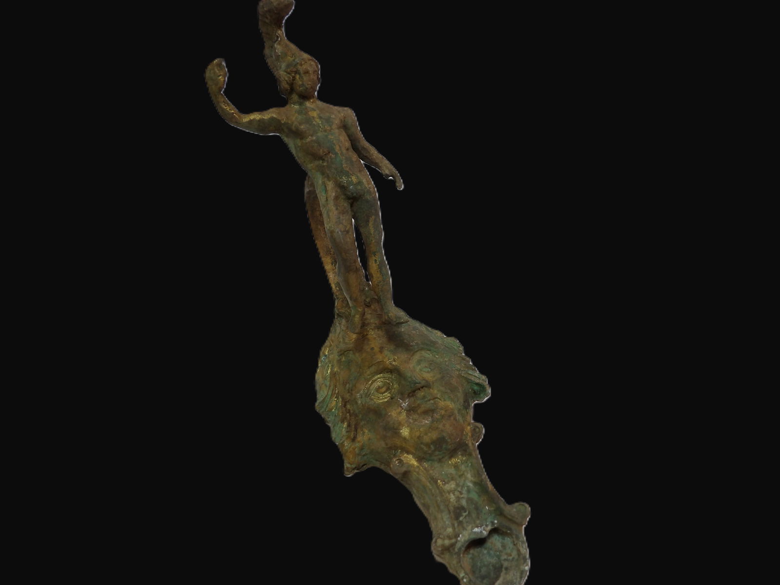 Grecian Oil Lamp: Greek Bronze Oil Lamp with Gold Gilding, Depicting a Warrior, possibly Trojan Warrior, Rare Piece. ***We are Not Experts in Ancient Pieces. However, the Consignor of this Item is, and has been, a life