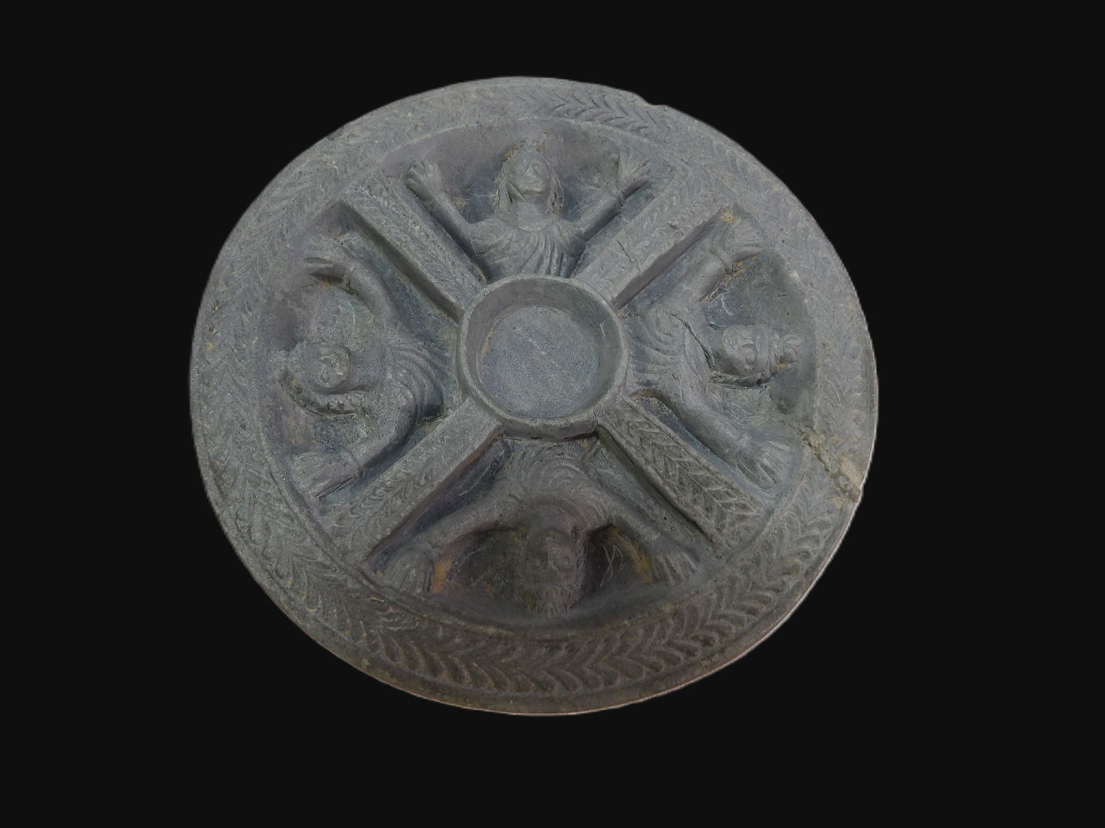 Carved Stone Roundel: Gandhara Carved Stone Roundel with Figures. Dates to 2nd and 4th Century C.E. Gandhara, Modern Day Pakistan and Afghanistan. ***We are Not Experts in Ancient Pieces. However, the Consignor of this Ite