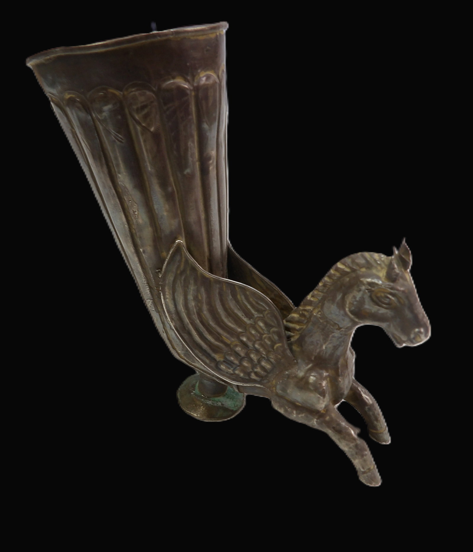Vintage Metal Vessel: Vintage Metal Rhyton with Pegasis Figure. All measurements approximate. Please see photos for condition and details. Selling as is from 04281.