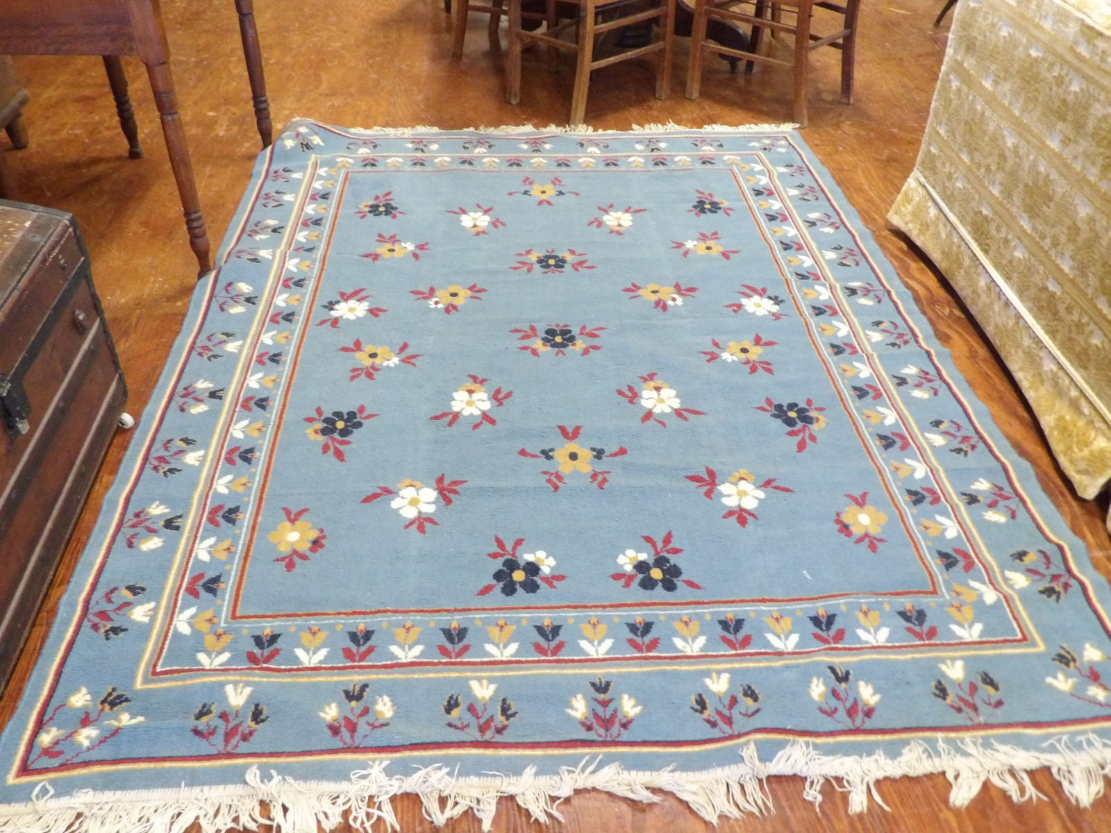 Vintage Area Rug: Vintage Floral Oushak Style Area Rug with Ligh Blue Field. 66" X 89". All measurements approximate. Please see photos for condition and details. Selling as is from 04281.