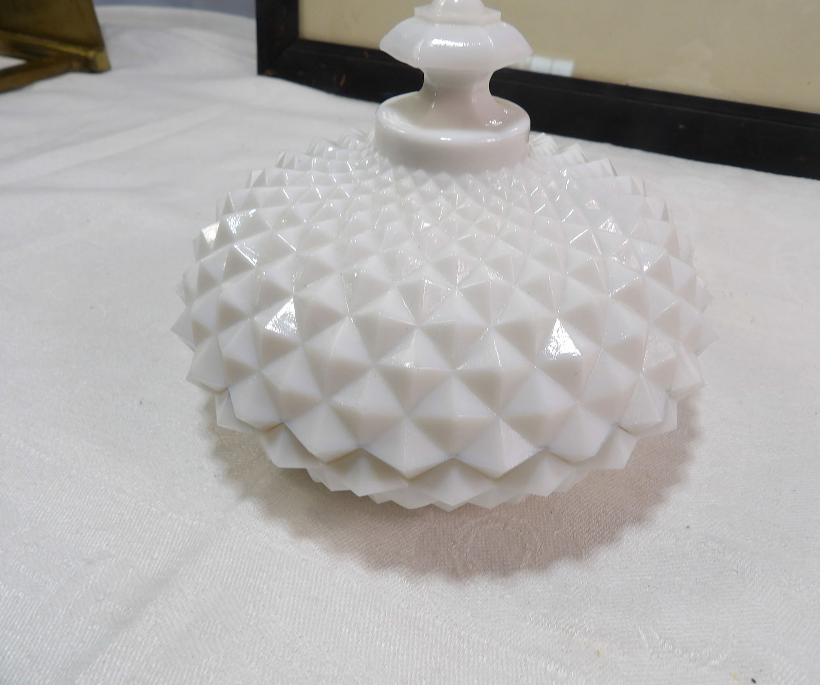 Milk Glass Bowl: Vintage Westmoreland Milk Glass Bowl. Quilted Pattern. All measurements approximate. Please see photos for condition and details. Selling as is from 04281.