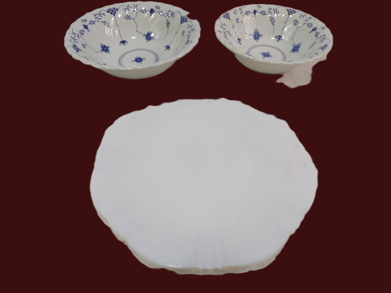 Vintage Plate: Vintage Macbeth Evans Sweetheart Opalescent Plate, and Two Myott Finlandia Bowls. All measurements approximate. Please see photos for condition and details. Selling as is from 04281.