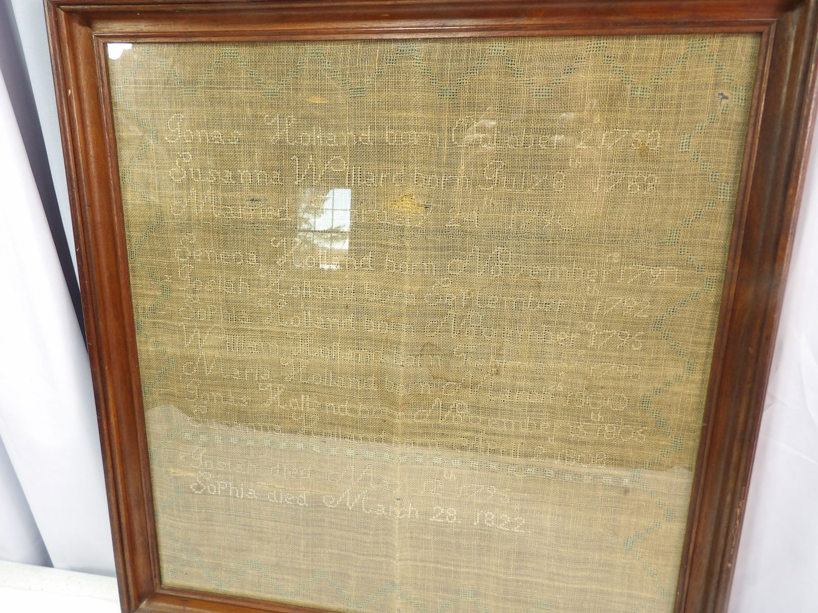 Antique Family Sampler: Antique Holland Family Sampler. Circa 1800's. 20" x 22". All measurements approximate. Please see photos for condition and details. Selling as is from 04281.