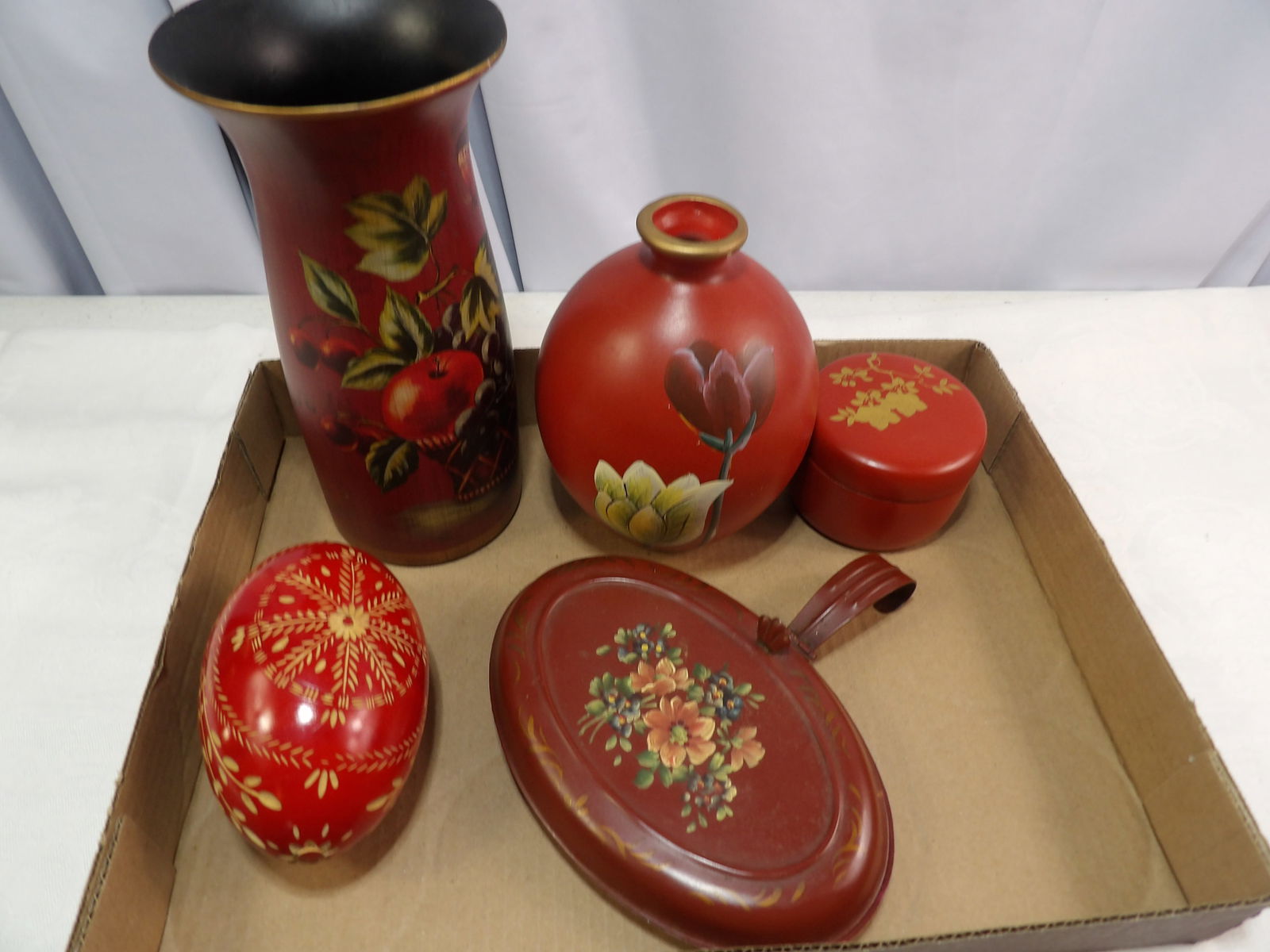 Collection of Red Lacquered Decorative Items: Collection of Red Lacquered Decorative Items. All measurements approximate. Please see photos for condition and details. Selling as is from 04281.