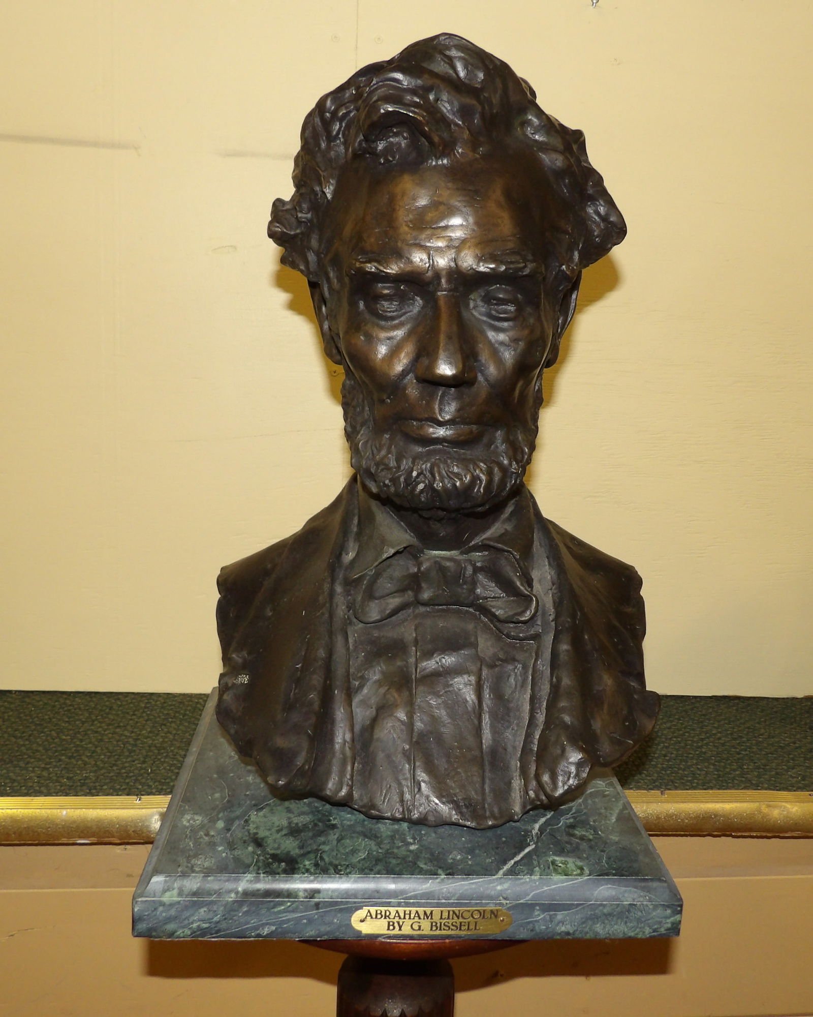 Abraham Lincoln Bust: Exceptional Abraham Lincoln Bronze by G. Bissell. Marble Base on Wood Pedestal. Bronze bust itself is 12" Wide X 20" Tall. All measurements approximate. Please see photos for condition and