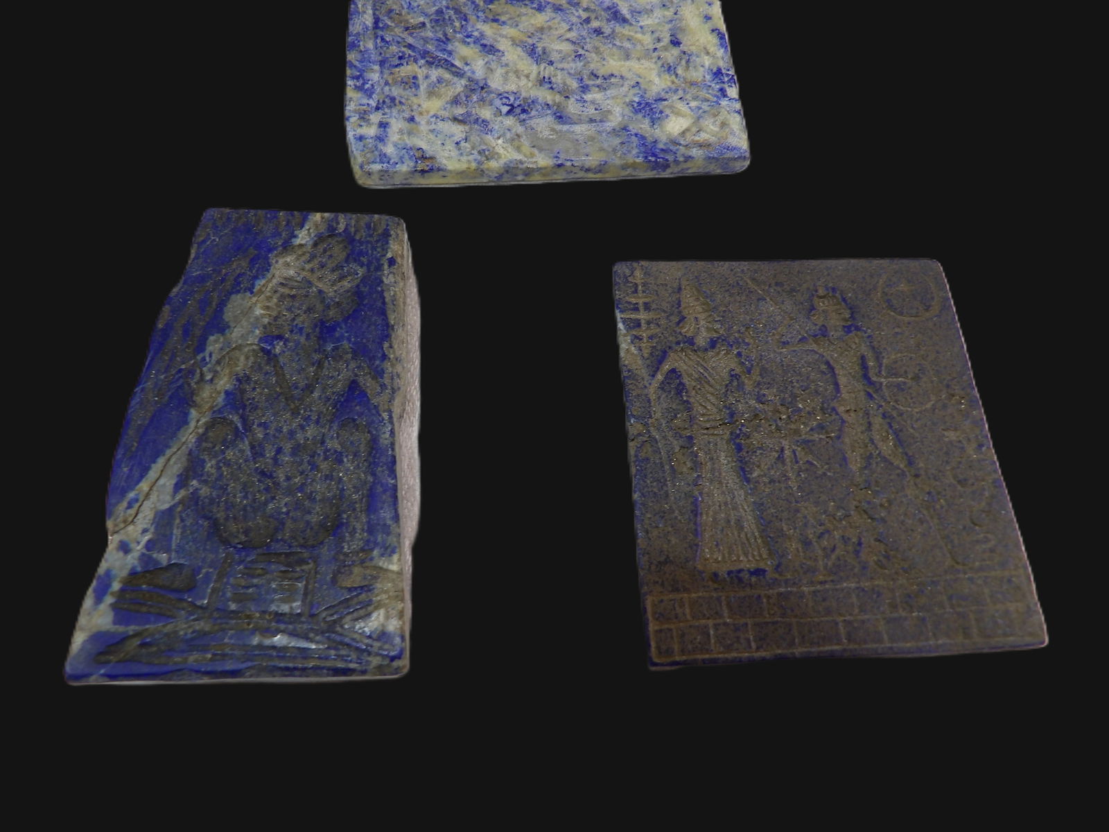 3 PCS Seals and Amulet: 3 Pieces Lapis Lazuli Seals and Amulet. 1000-500 B.C. ***We are Not Experts in Ancient Pieces. However, the Consignor of this Item is, and has been, a lifelong collector of Antiquities. This Item