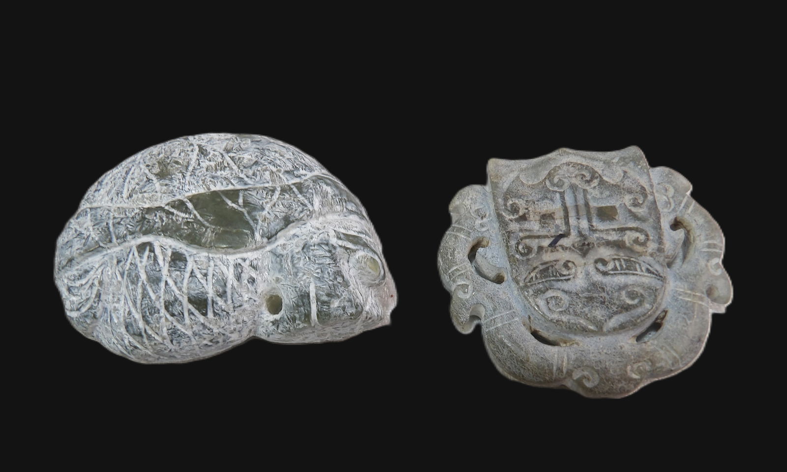 2 PCS Carved Stone: 2 Pieces of Carved Stone Jade or Nephrite. All measurements approximate. Please see photos for condition and details. Selling as is from 04281.