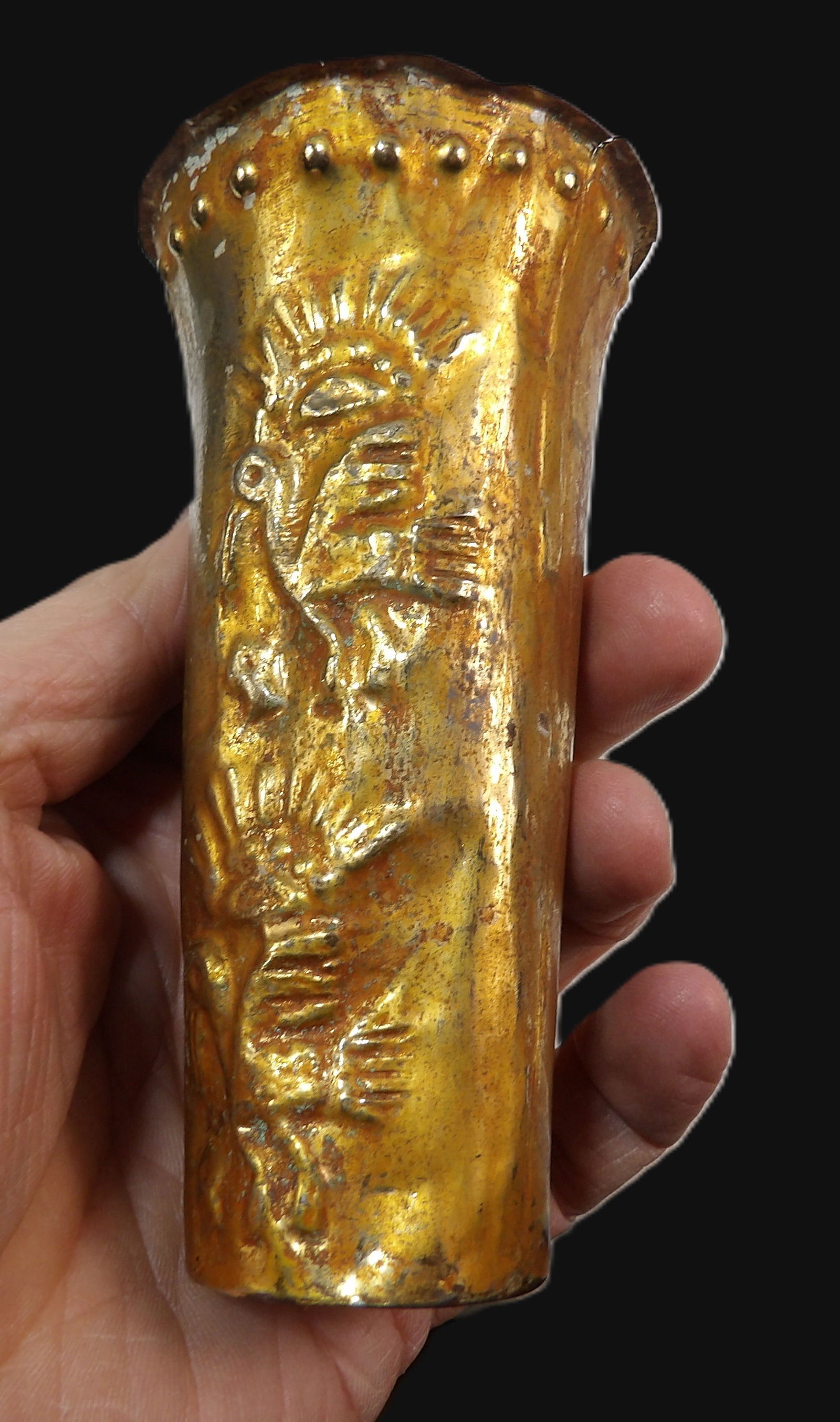 Embossed Chalice: Embossed Chalice with Warrior and Bird Motif. Pre-Colombian. ***We are Not Experts in Ancient Pieces. However, the Consignor of this Item is, and has been, a lifelong collector of Antiquities.