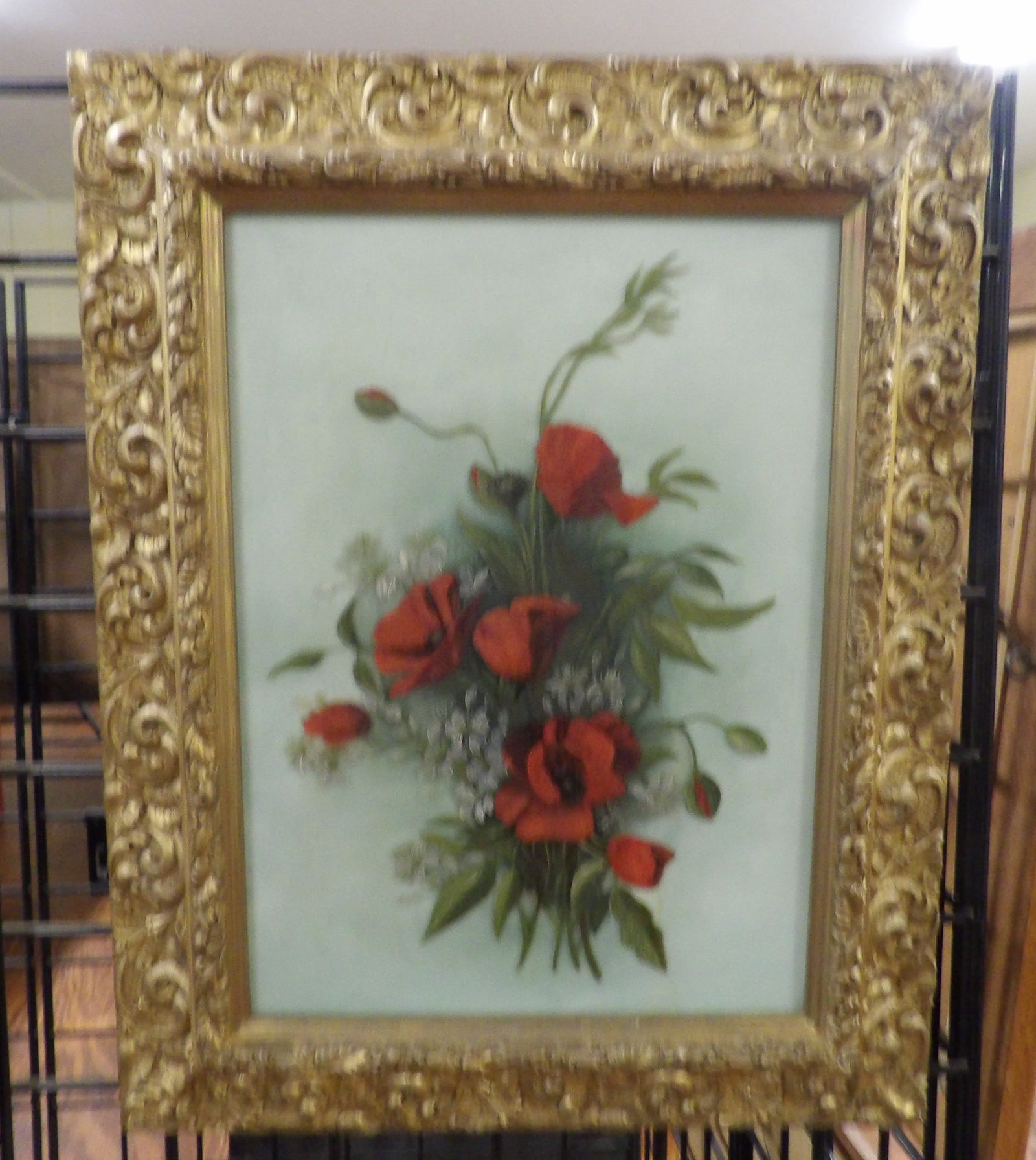 Vintage Floral Still Life in Gilded Frame: Vintage Floral Still Life featuring Red Poppies, in ornate Gilded Frame. All measurements approximate. Please see photos for condition and details. Selling as is from 04281.