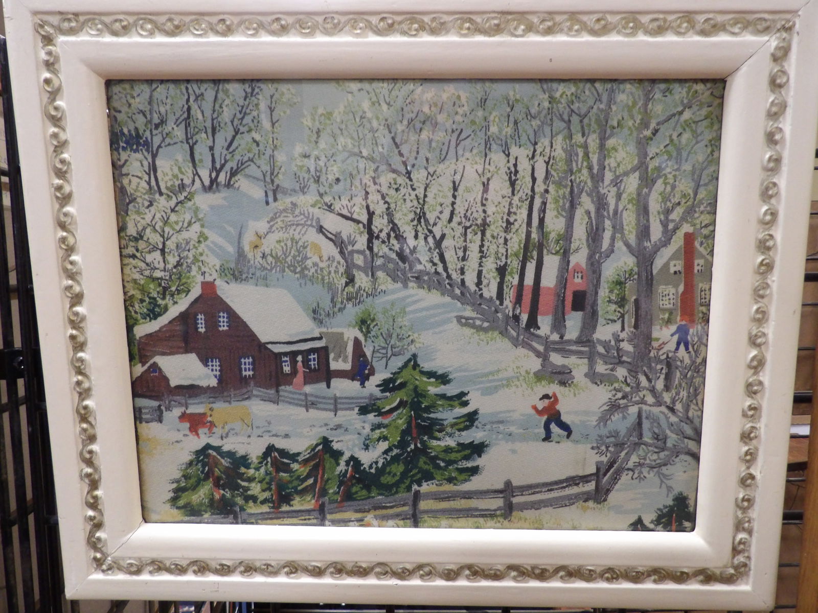 Framed Grandma Moses Scene: Grandma Moses Framed Winter Scene. Barkcloth Art. 15" x 17". All measurements approximate. Please see photos for condition and details. Selling as is from 04281.