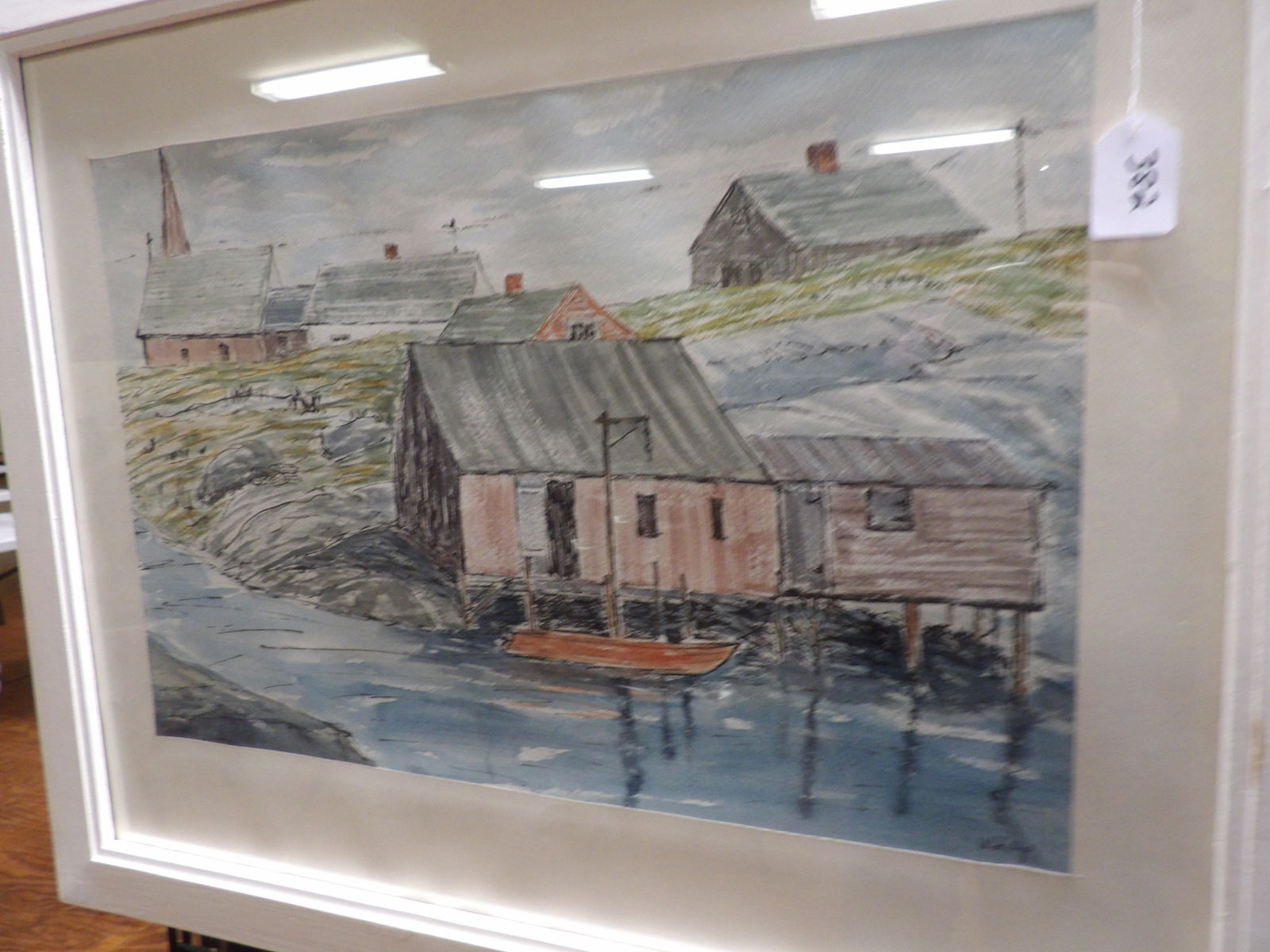 Coastal Watercolor Painting: Coastal Watercolor Painting of Fishing Village. Signed Skilling, 23" X 29". All measurements approximate. Please see photos for condition and details. Selling as is from 04281.