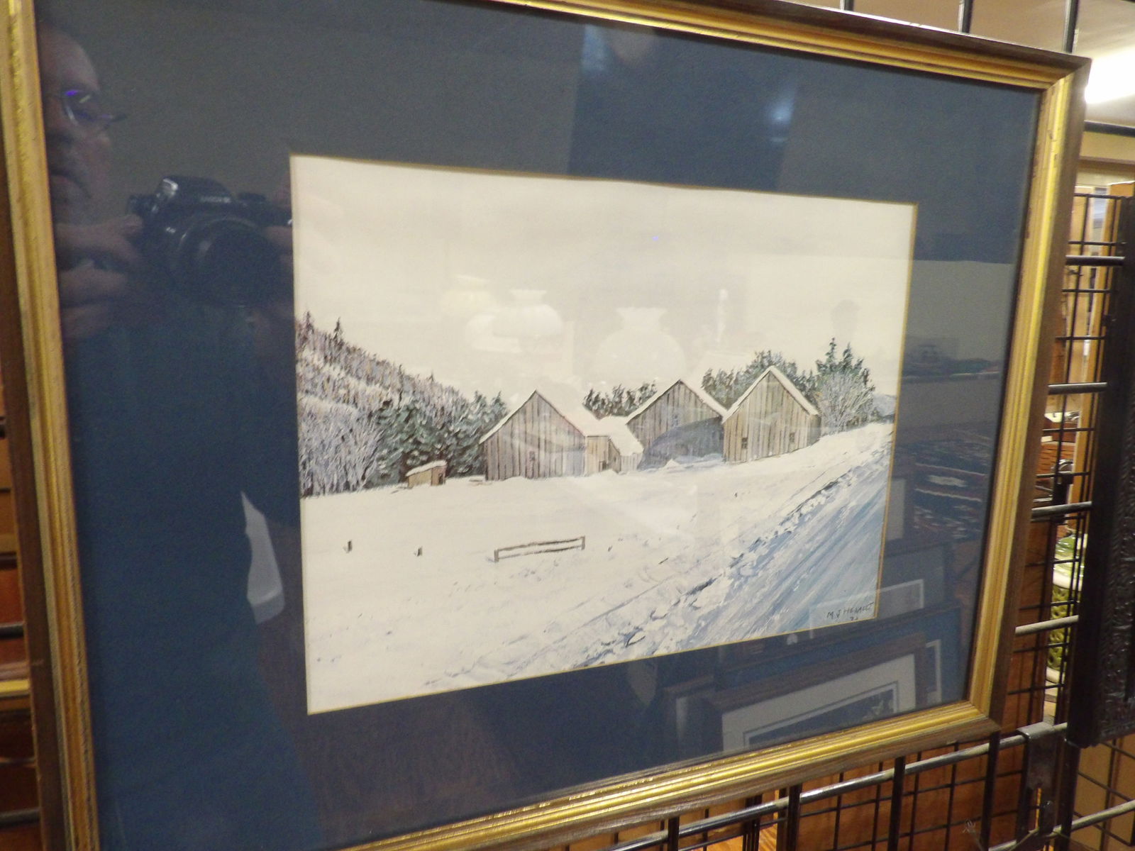 Winter Barn Landscape: Winter Barn Landscape Snow Covered Scene, M.J. Hemmett. All measurements approximate. Please see photos for condition and details. Selling as is from 04281.