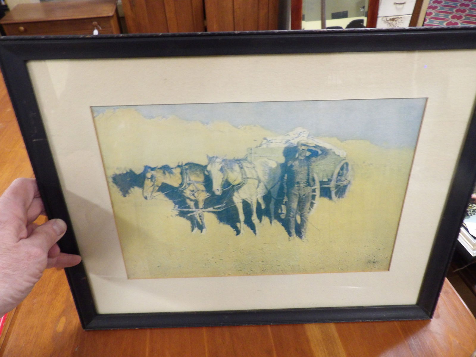 Frederic Remington Print: Frederic Remington Print, Horse Drawn Wagon, 14" X 18". All measurements approximate. Please see photos for condition and details. Selling as is from 04281.