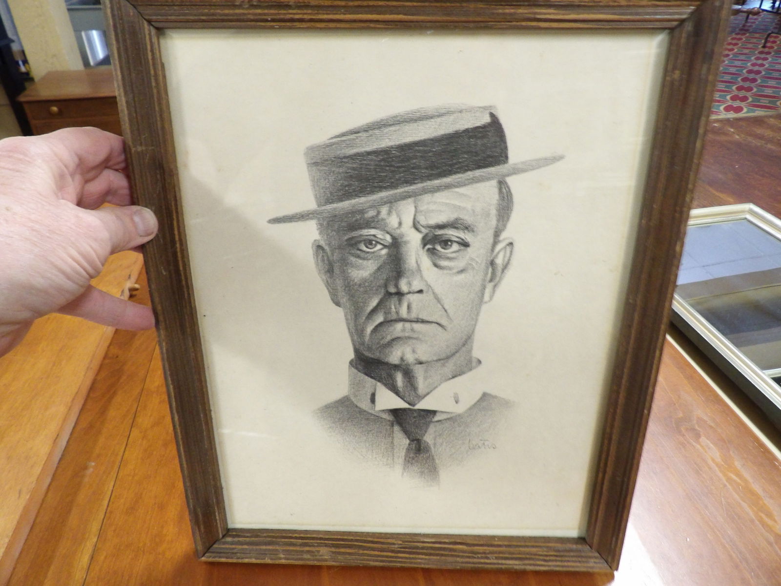 Early Pencil Sketch: Early Pencil Sketch, "Man in Hat". 13" X 16". All measurements approximate. Please see photos for condition and details. Selling as is from 04281.