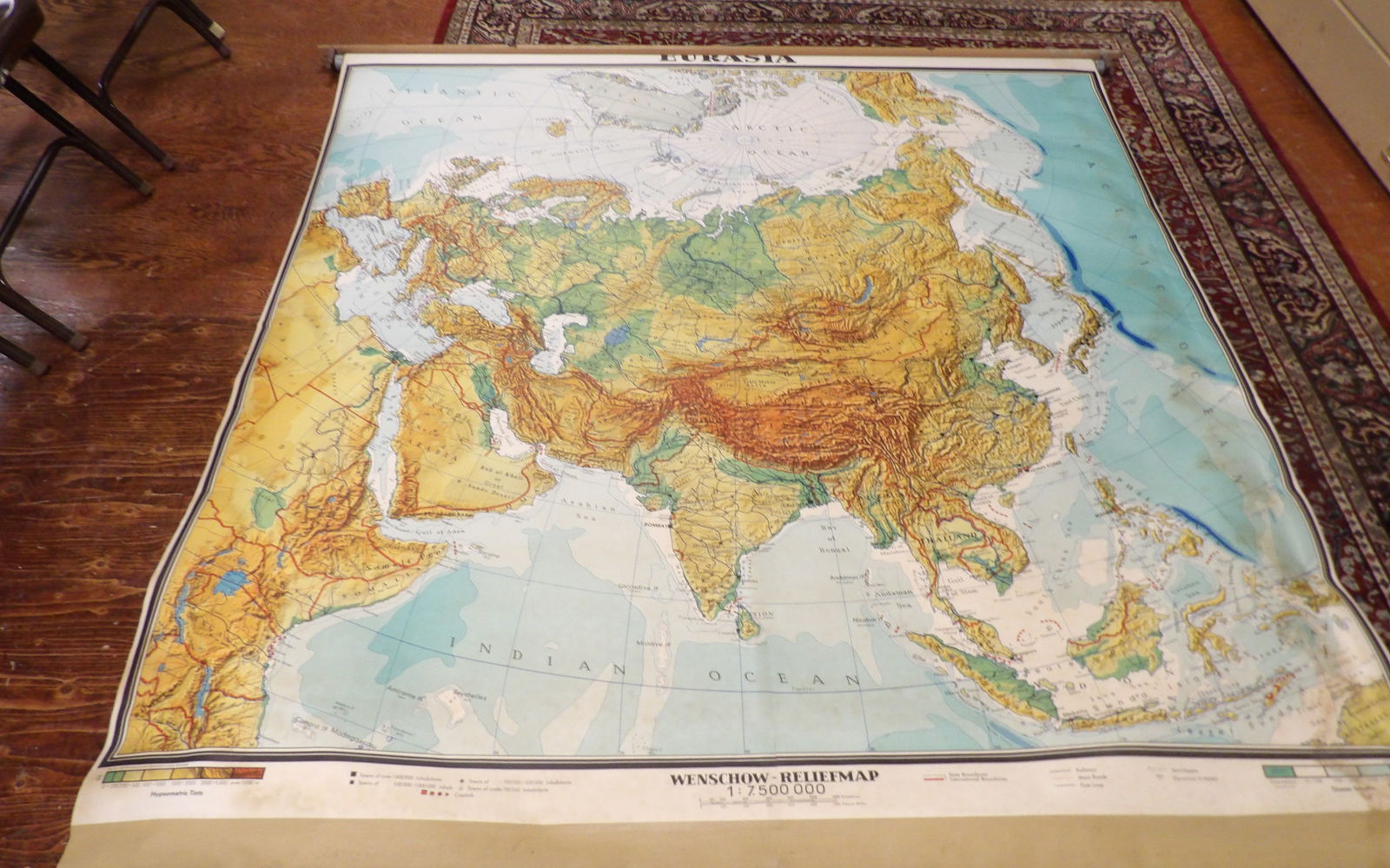 Vintage Map: 65" X 75" Vintage Wenschow Eurasia Relief Map. All measurements approximate. Please see photos for condition and details. Selling as is from 04281.