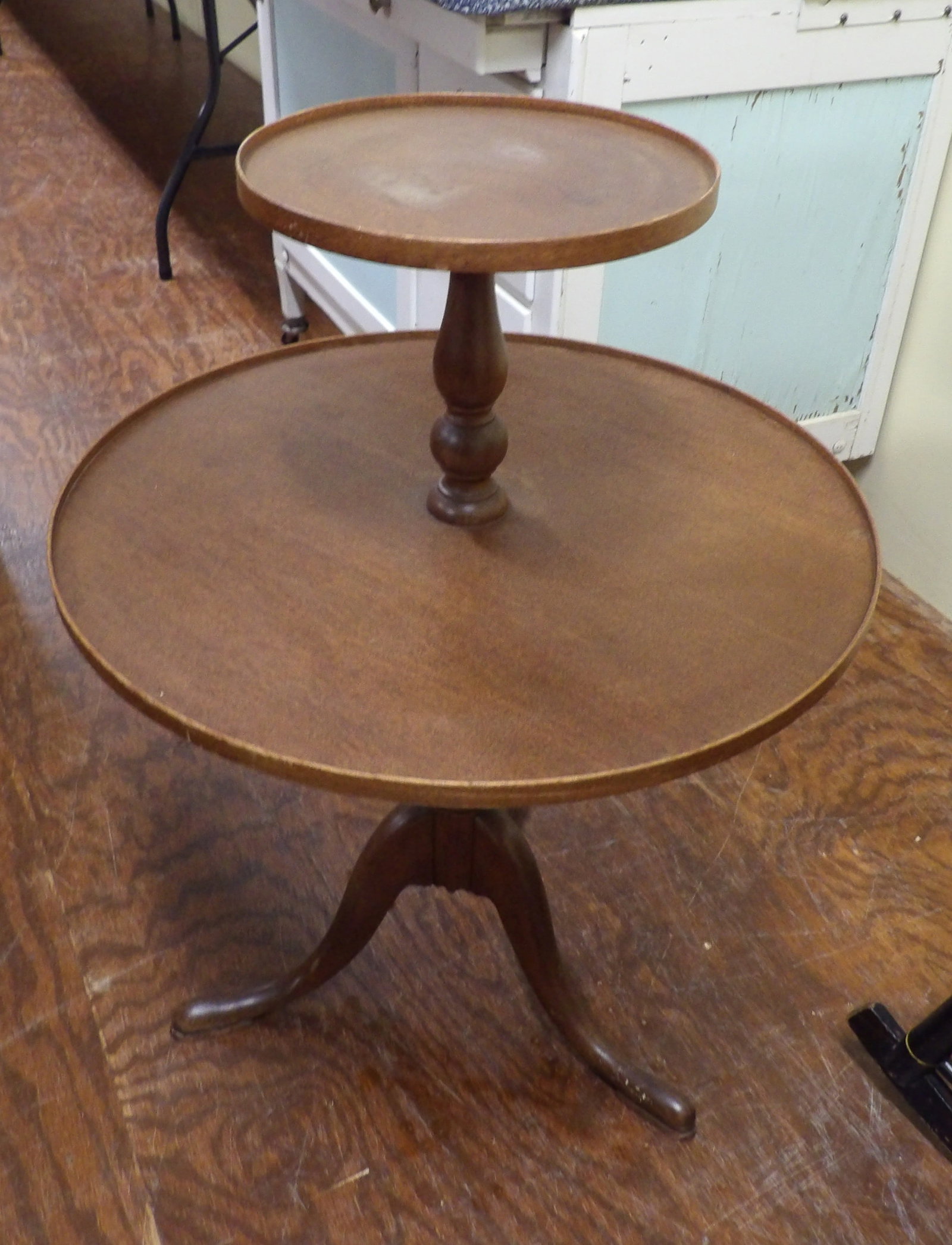Antique Dumbwaiter Table: Antique 2 Tier Dumbwaiter Table. All measurements approximate. Please see photos for condition and details. Selling as is from 04281.