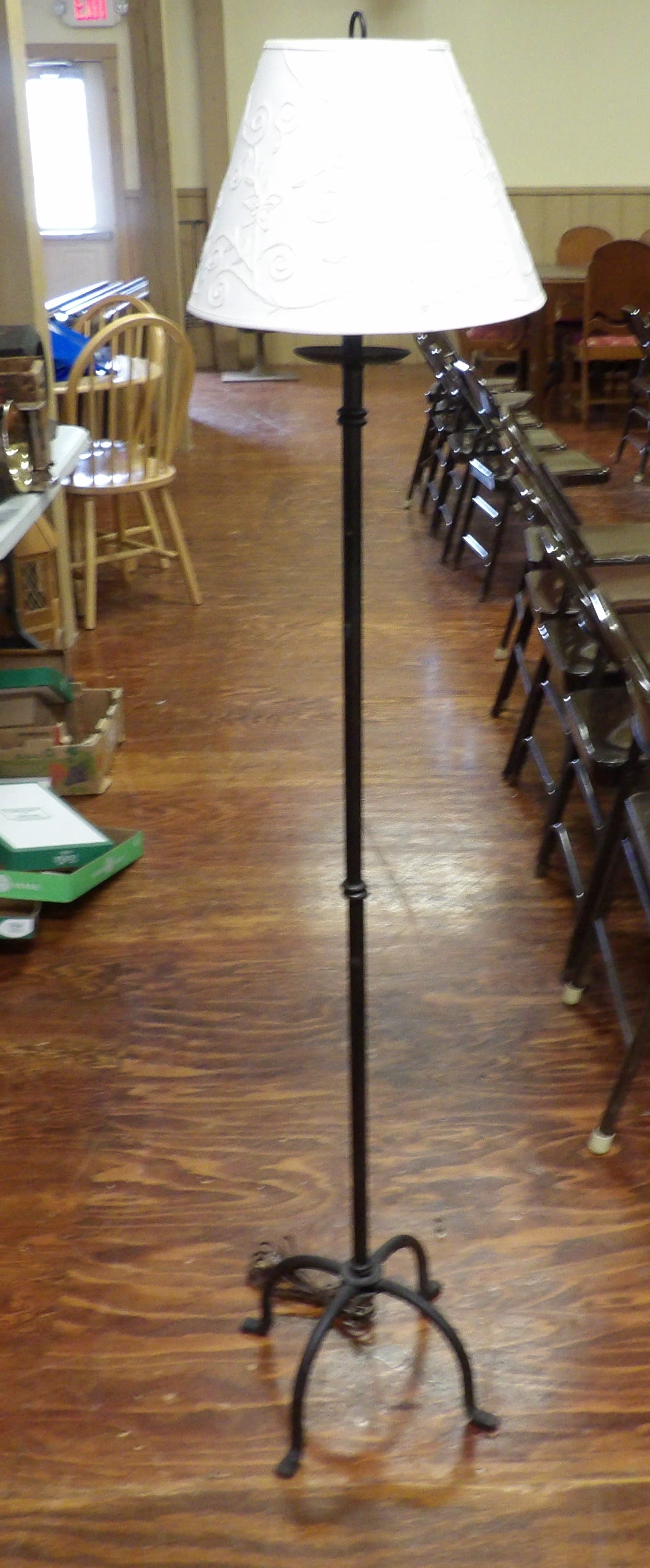 Wrought Iron Floor Lamp: Wrought Iron Floor Lamp with Fabric Shade. All measurements approximate. Please see photos for condition and details. Selling as is from 04281.