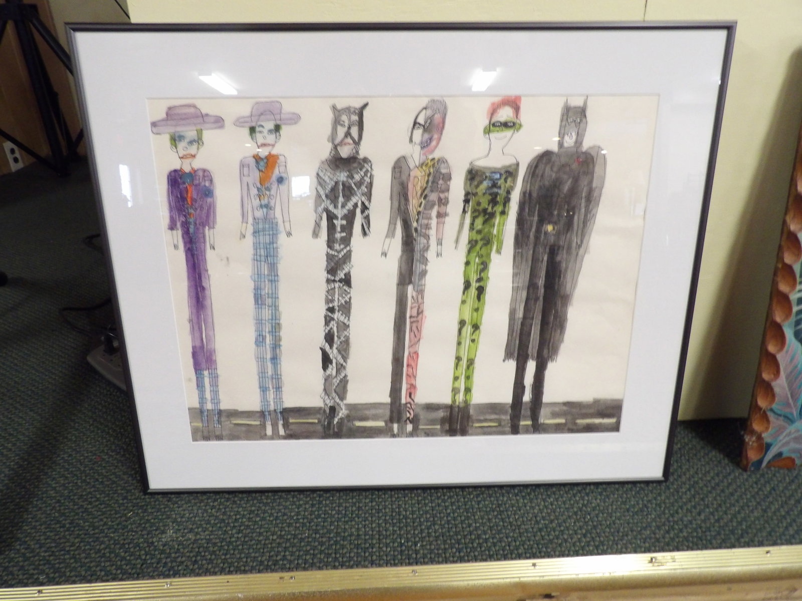 Framed Watercolor of DC Comic Villains: Framed Watercolor of DC Comic Villain. 24" X 30" . All measurements approximate. Please see photos for condition and details. Selling as is from 04281.