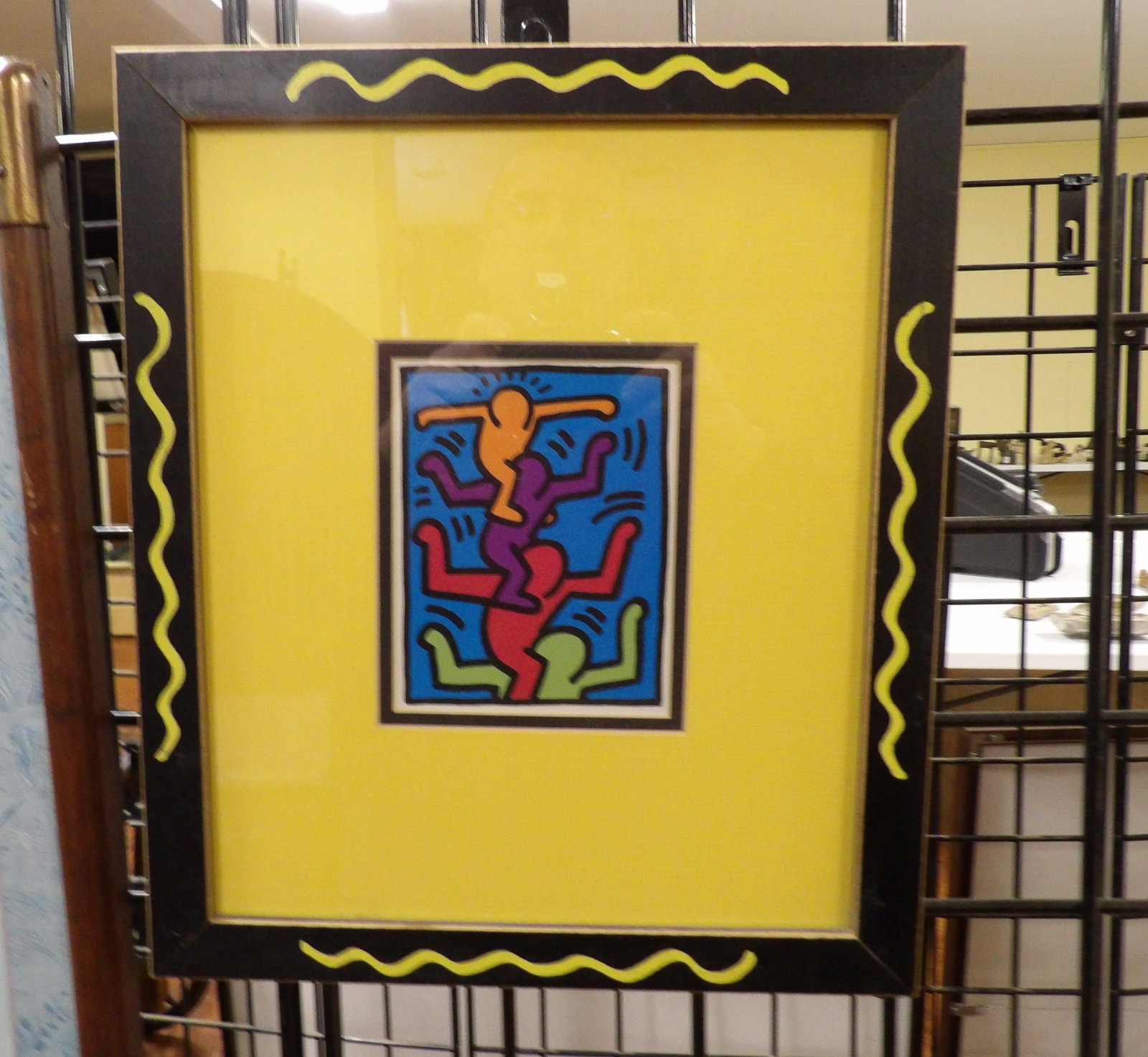 Keith Haring Style Print: Keith Haring Style Print, 4 Person Stack. All measurements approximate. Please see photos for condition and details. Selling as is from 04281.