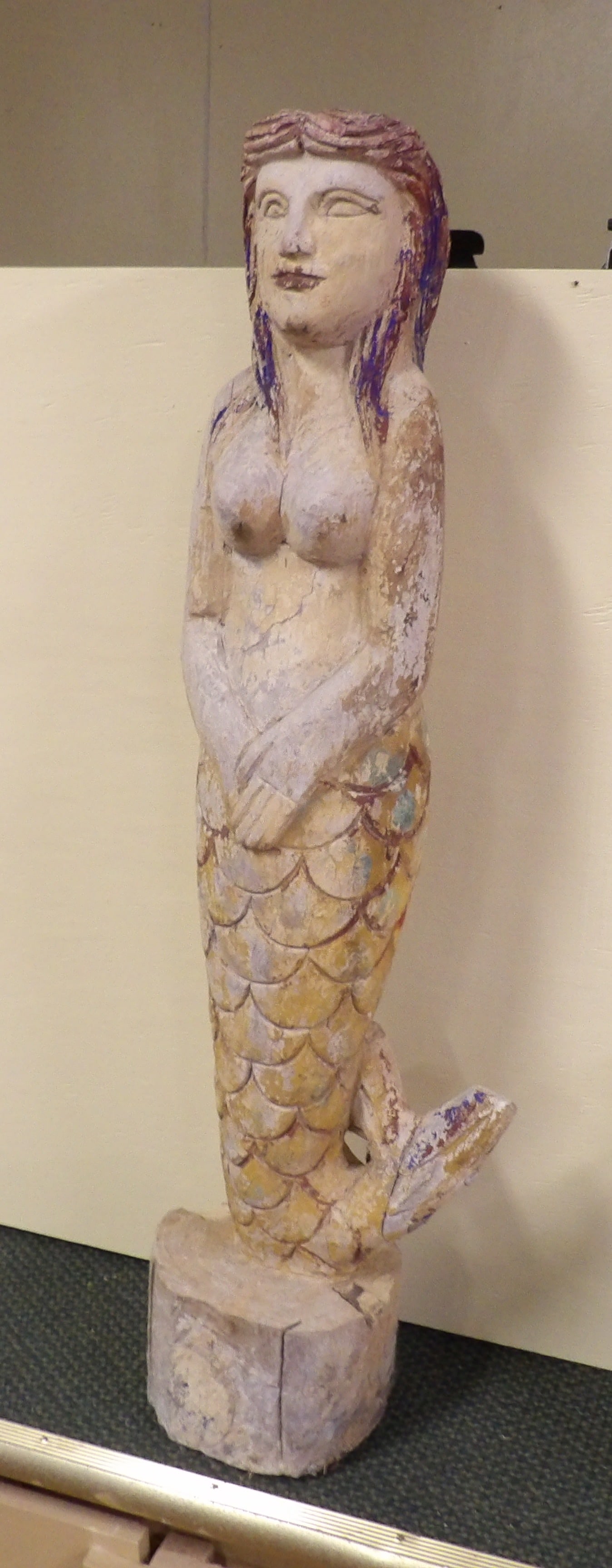 Vintage Wooden Mermaid: Vintage Carved Wooden Mermaid. 40" Tall. All measurements approximate. Please see photos for condition and details. Selling as is from 04281.