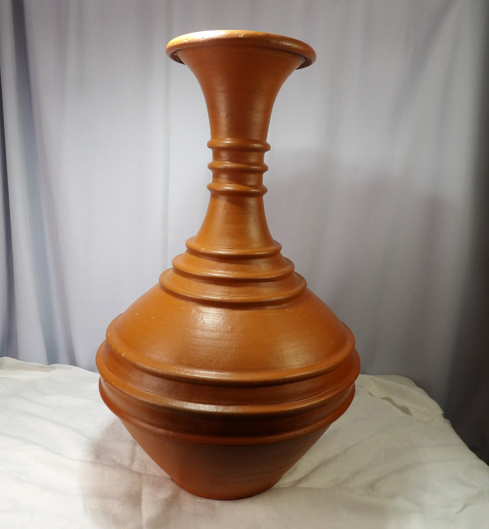 Earthenware Ceremonial Vessel: Sri Lankan Large Earthenware Vase with Ribbed Design, 30" Tall. All measurements approximate. Please see photos for condition and details. Selling as is from 04281.