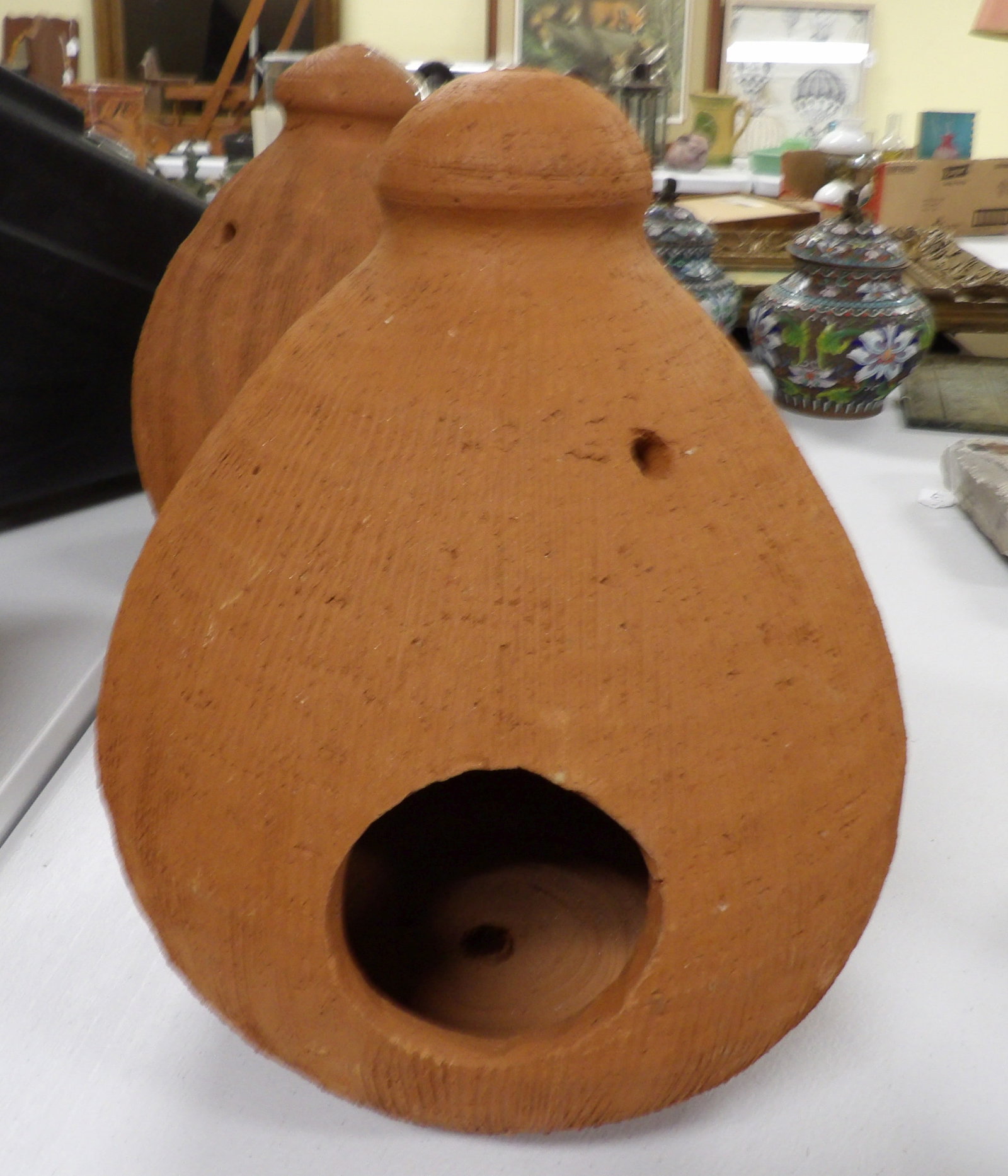 Large Earthenware Birdhouse: Large Sri Lankan Handmade Earthenware Birdhouse, 13" Tall. All measurements approximate. Please see photos for condition and details. Selling as is from 04281.