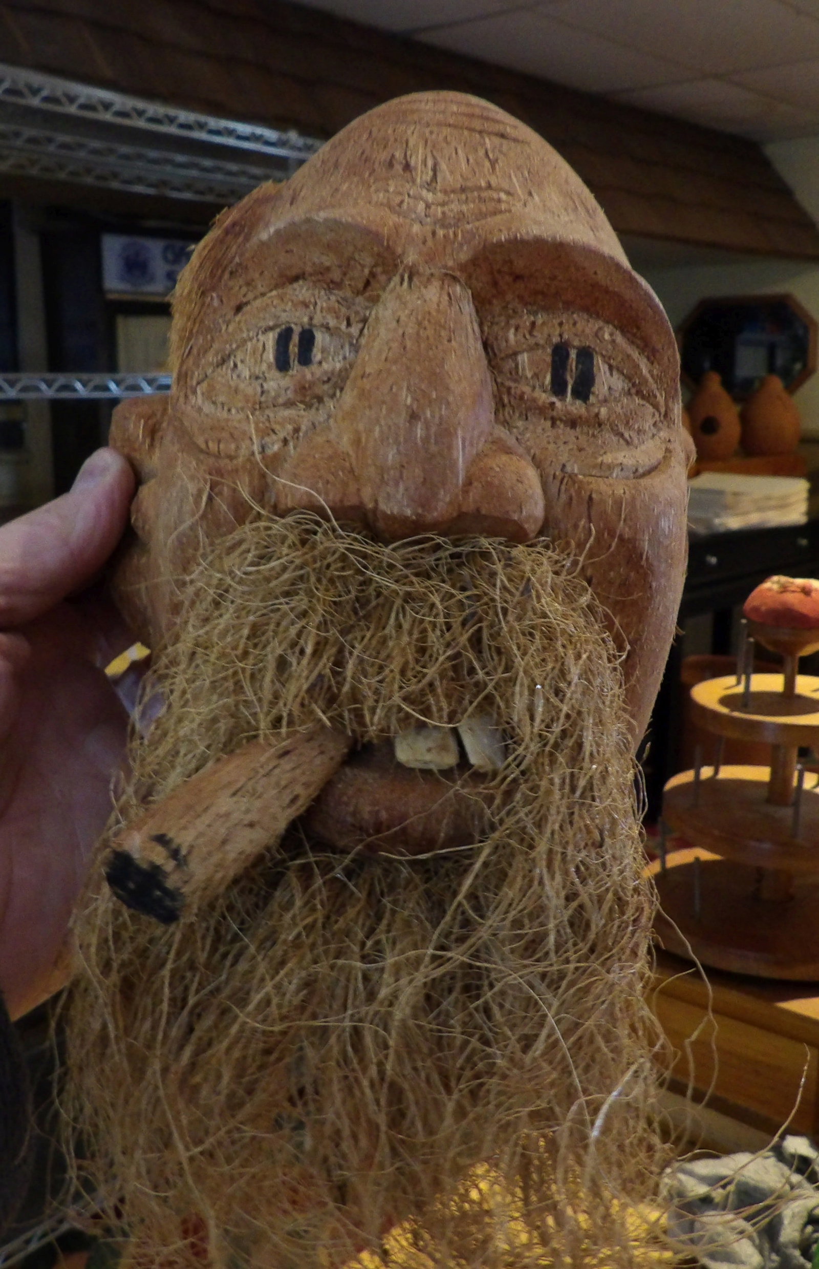 Hand Carved Coconut Sculpture: Sri Lankan Hand Carved Coconut Sculpture. All measurements approximate. Please see photos for condition and details. Selling as is from 04281.