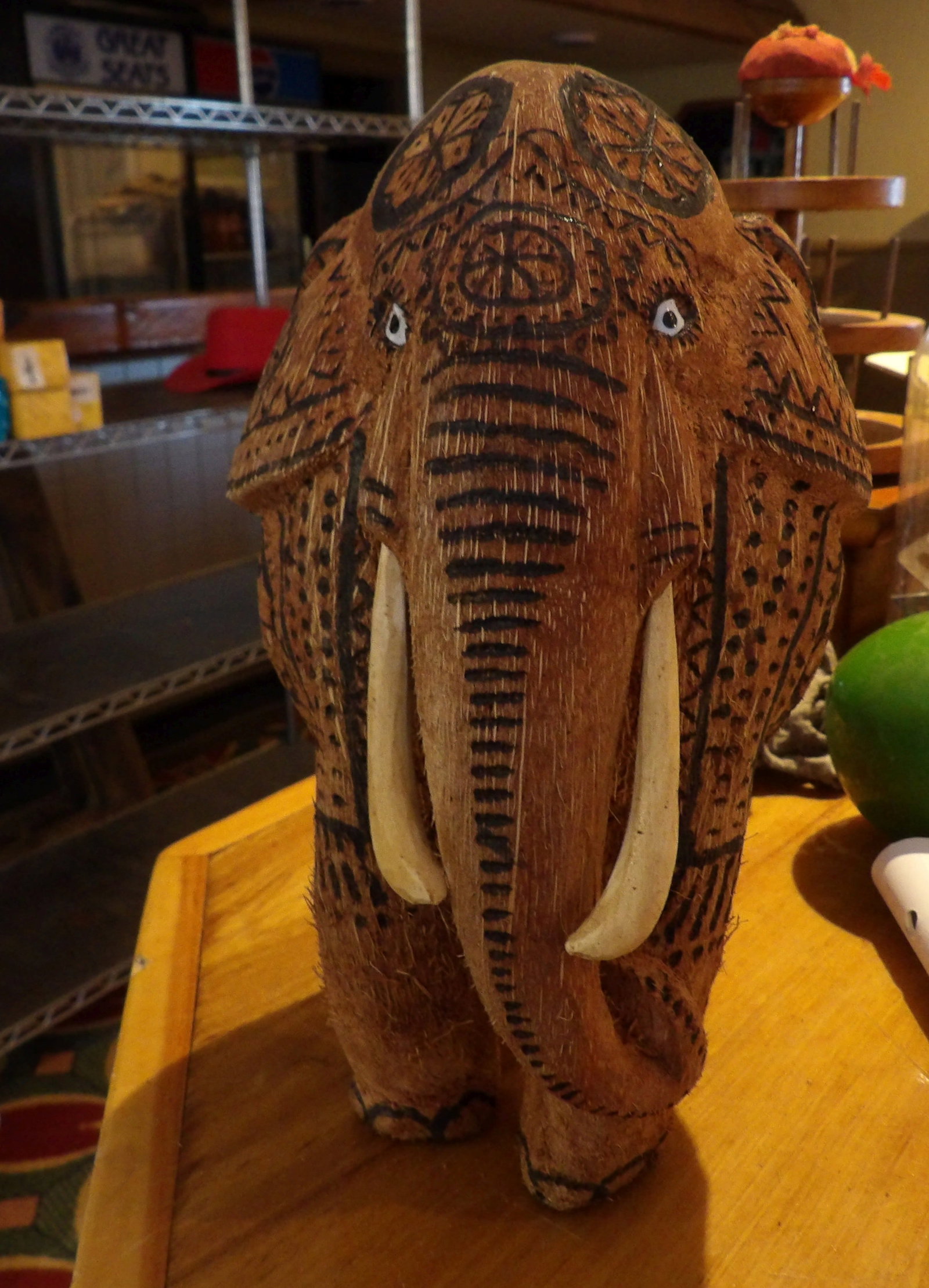Hand Carved Coconut Elephant: Sri Lankan Hand Carved Coconut Elephant. All measurements approximate. Please see photos for condition and details. Selling as is from 04281.