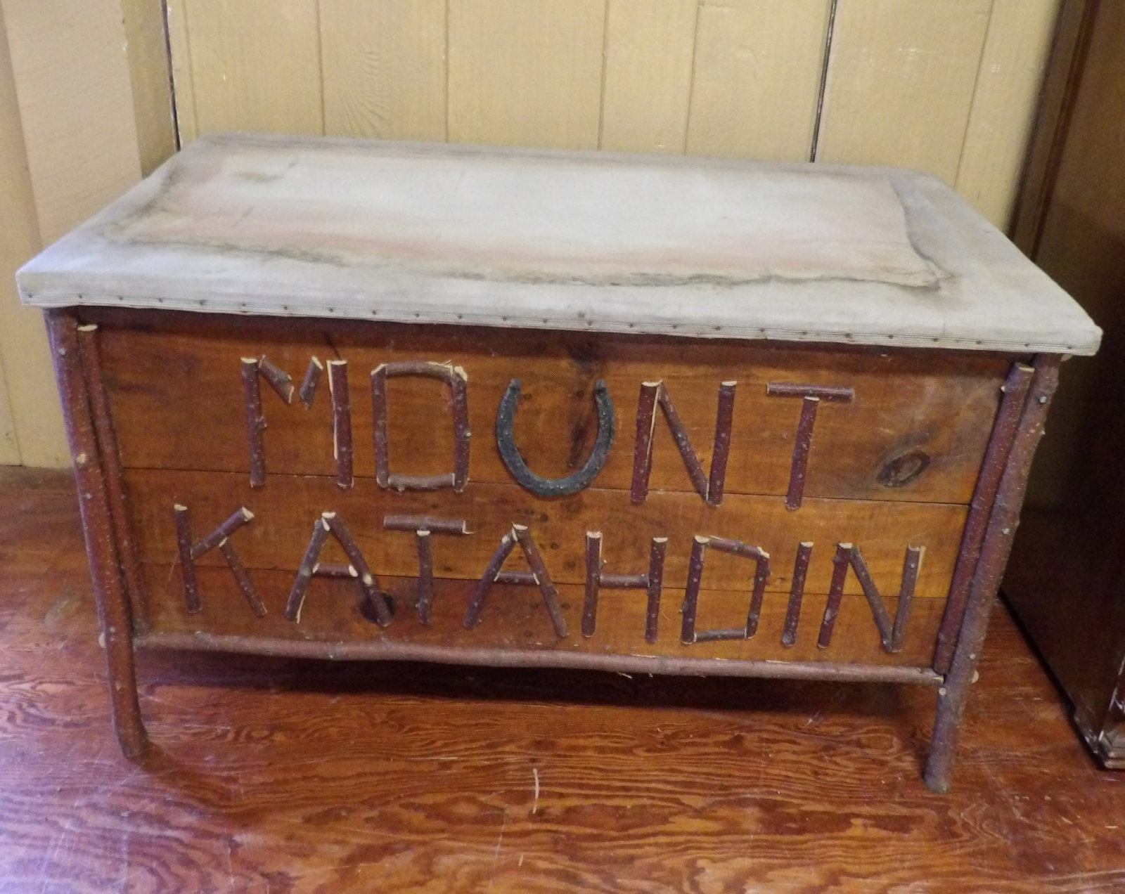 Rustic Wooden Chest: Rustic Mount Katahdin Wooden Chest. 21" X 39". All measurements approximate. Please see photos for condition and details. Selling as is from 04281.